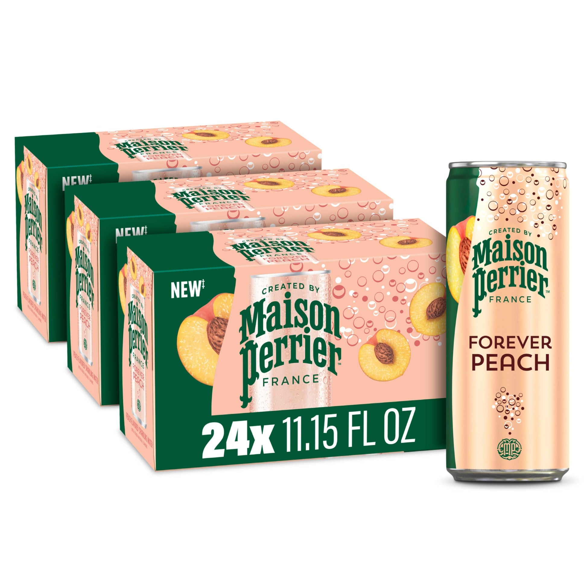 Maison Perrier Sparkling Water, Forever Peach Flavor, 11.15 Fl Oz Cans, 8 Count, Pack of 3