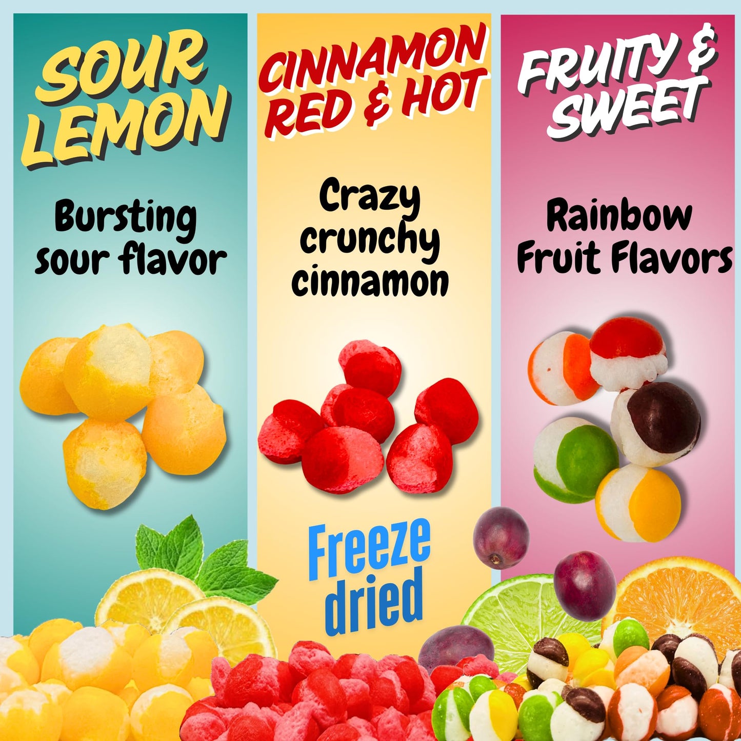 Generic Freeze Dried Candy Variety Pack – 10oz – Rainbow Krunchies, Sour Lemon Ballz, Cinnamon Hotties – Multicolor
