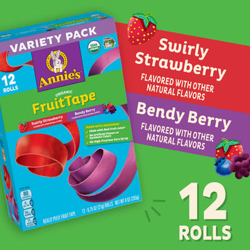 Annies Organic Fruit Tape, Swirly Strawberry and Bendy Berry Flavors, Variety Pack, 12 Rolls, 9 oz