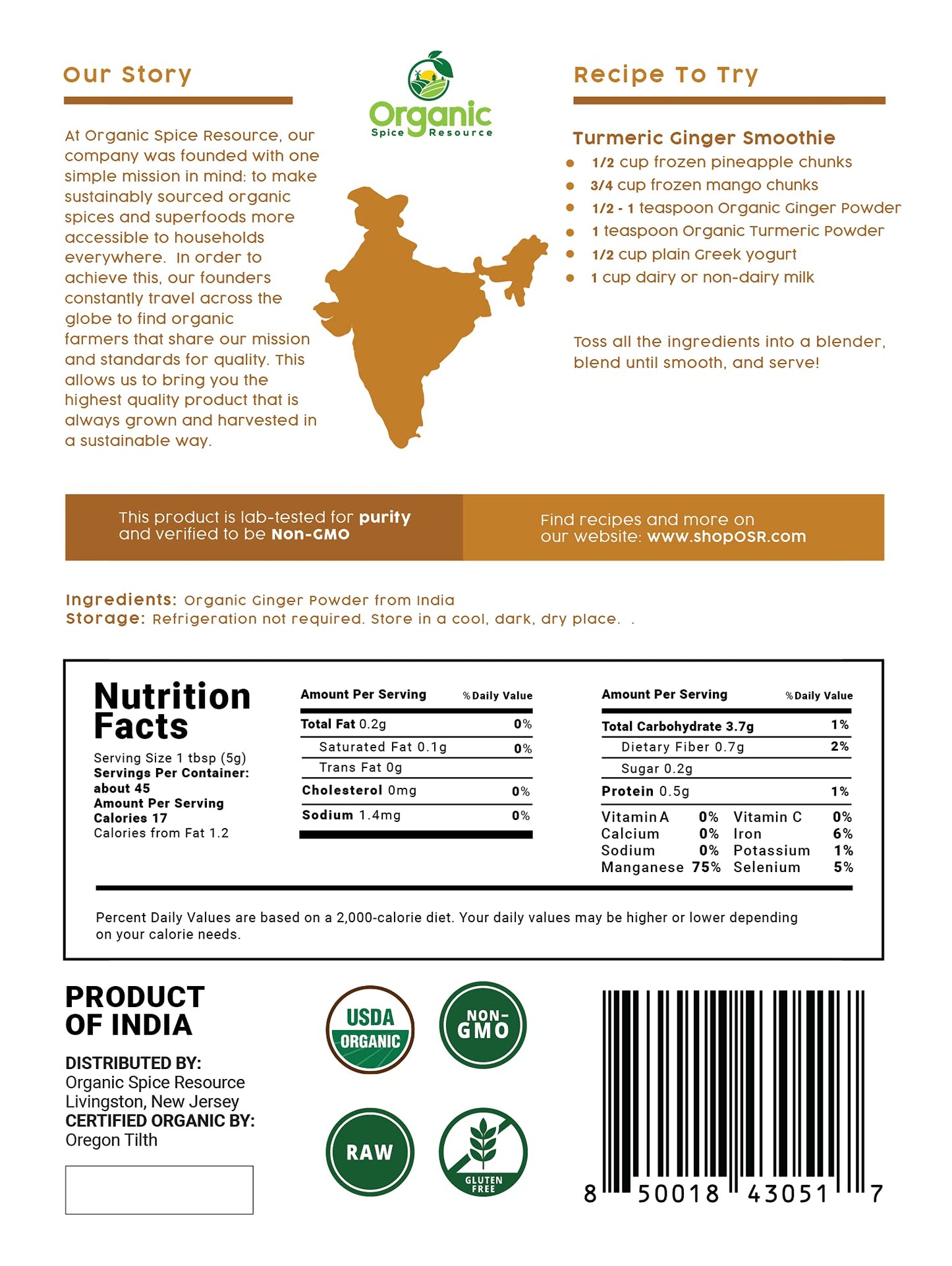 Organic Spice Resource Organic Ginger Powder, 8 oz - USDA Organic, Non-GMO, 100% Raw, Resealable Kraft Bag, Product of India