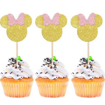 24 Pcs Gold Mouse Inspired Cupcake Toppers With Pink Bow Glitter Mini Cupcake Picks Baby Shower Wedding Kids Birthday Party Cake