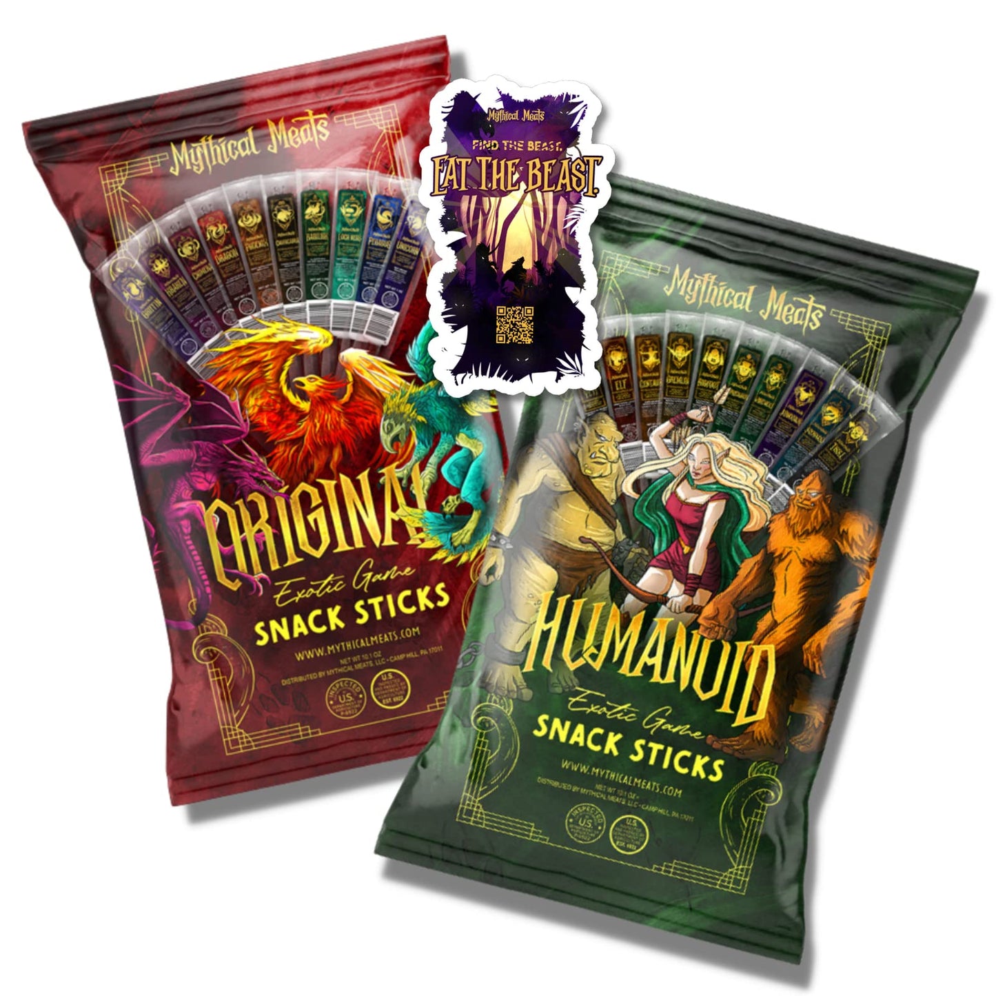 Mythical Meats Original & Humanoid Sampler Pack Bundle - 20 Exotic Game And Beef Snack Sticks - Dried & Dehydrated Meats Seasone
