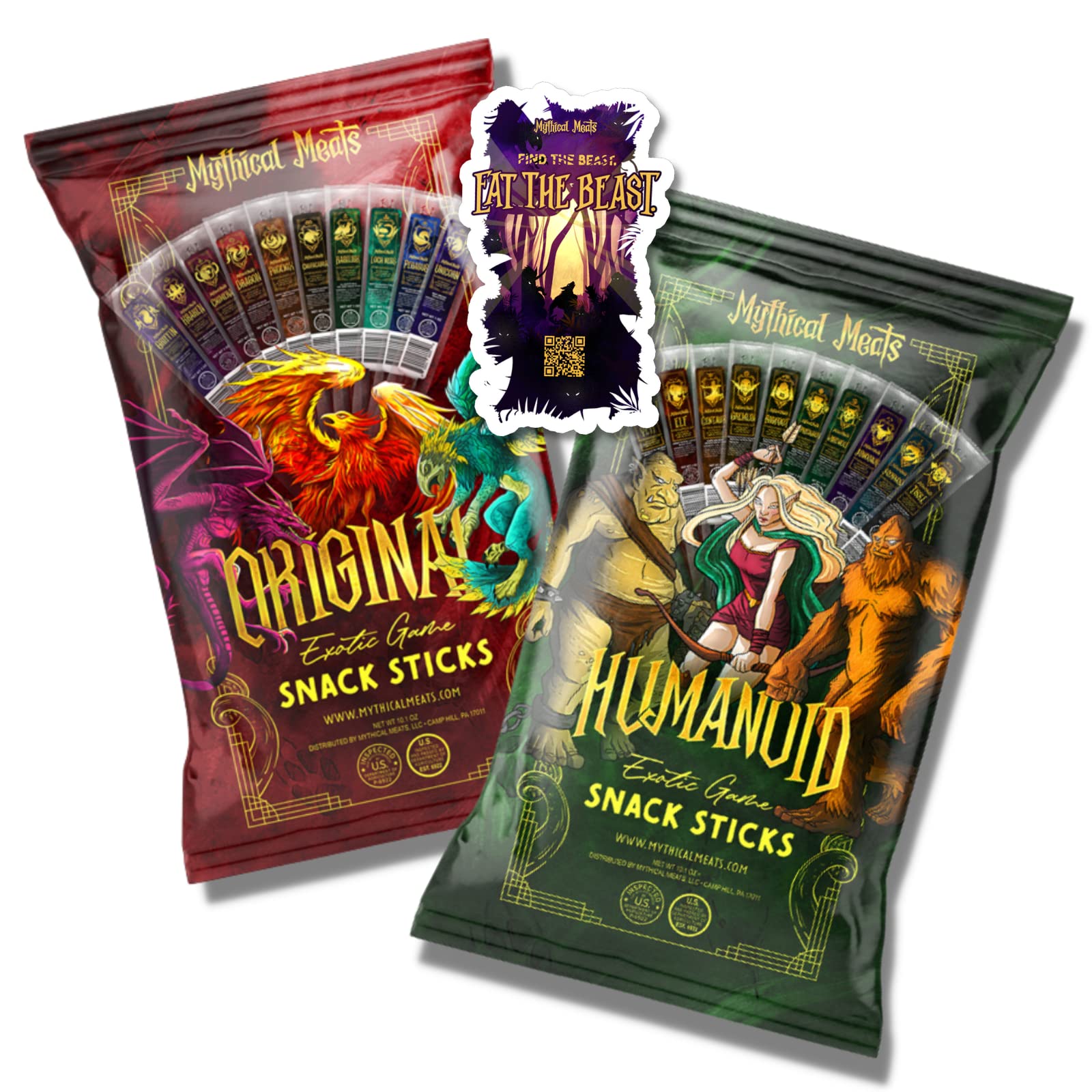 Mythical Meats Original & Humanoid Sampler Pack Bundle - 20 Exotic Game And Beef Snack Sticks - Dried & Dehydrated Meats Seasone