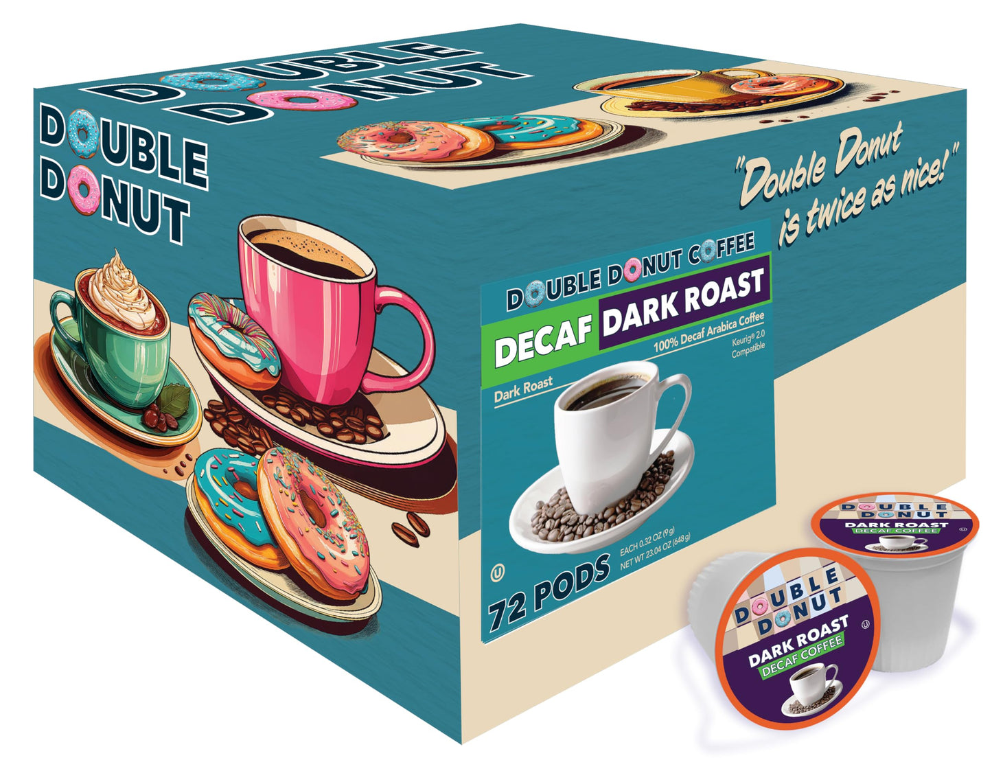 Double Donut Coffee Decaf Extra Bold Blend Dark Roast Pods, 72 Count, Compatible with Keurig K Cups