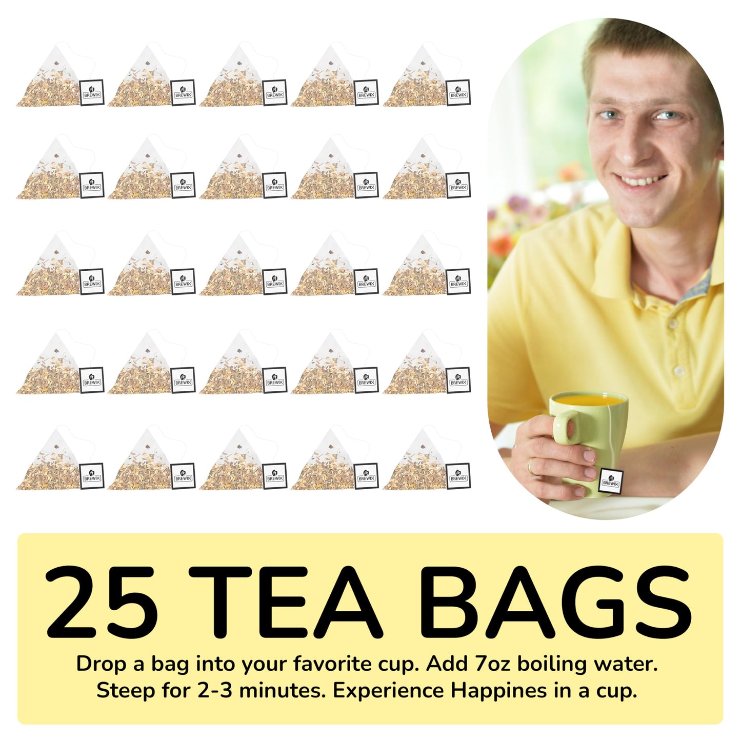 BREWIX Dandelion Root Detox Tea - Caffeine-Free Herbal Blend with Ginger, Tulsi & Turmeric, 25 Pyramid Tea Bags