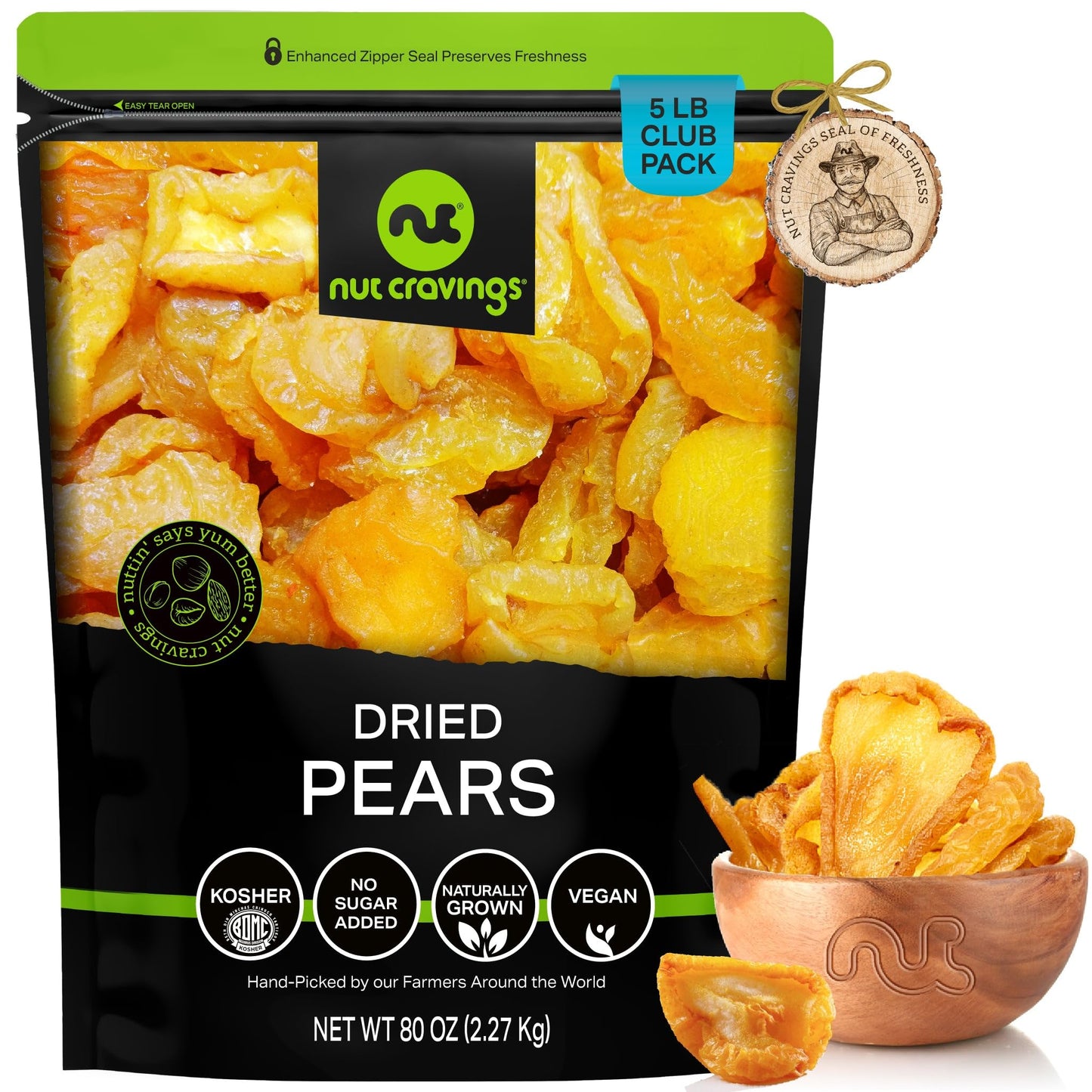 Nut Cravings - Sun Dried California Pears  No Sugar Added  Unsweetened (80Oz  5 Lb  Bulk) Bulk Dry Fruits Packed Fresh In Resealable Bag - Sweet Healthy Snack  Naturally Grown  Vegan  Kosher
