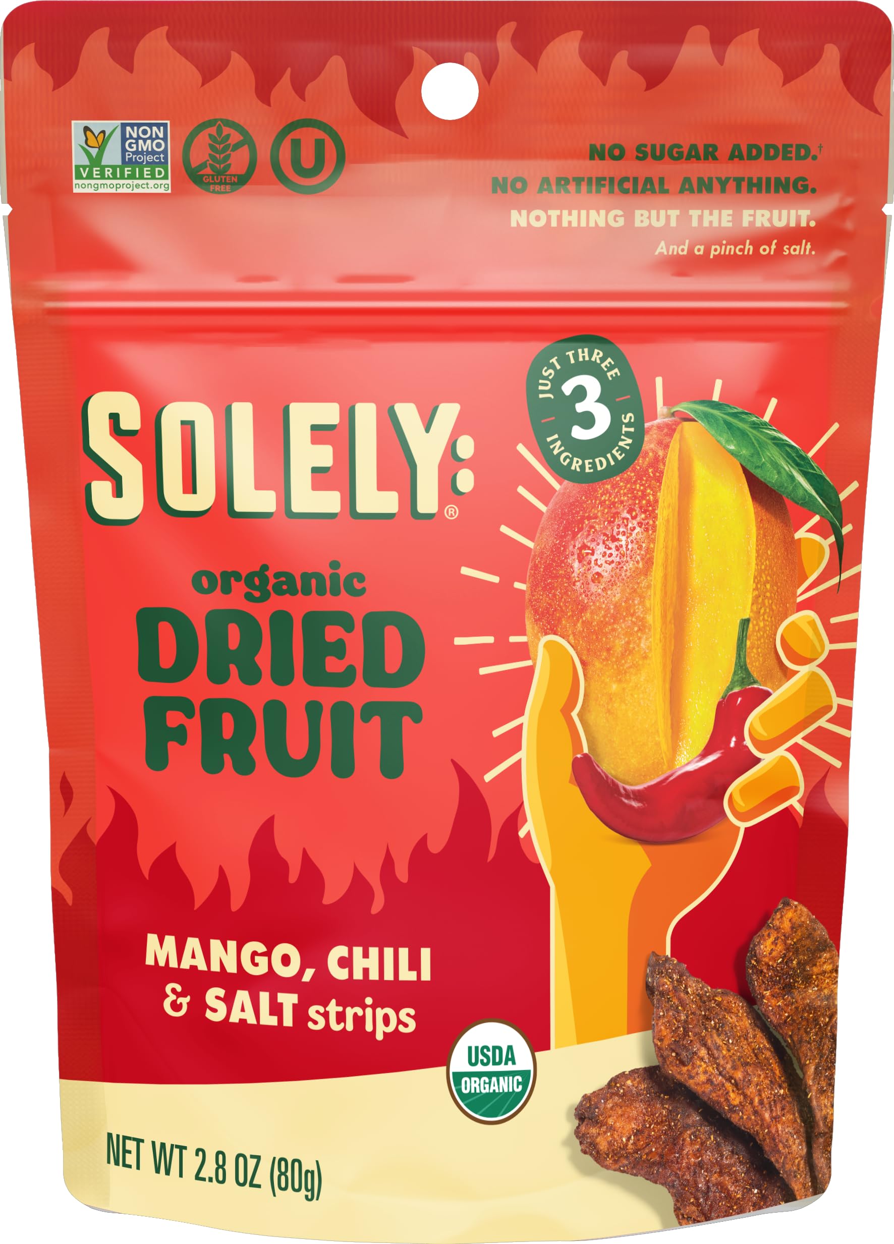 SOLELY - Organic Dried Mango Strips with Chili and Salt (2.8 oz Resealable Bags, Pack of 4) Real Fresh Fruit - Healthy Snacks fo