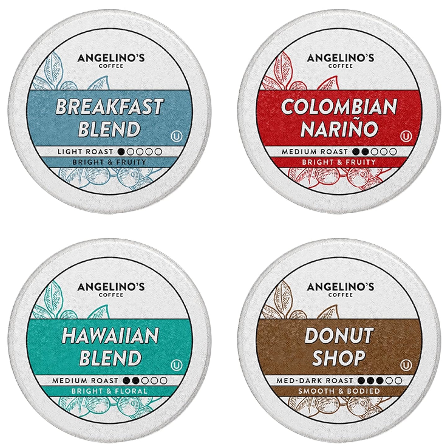 Angelinos Coffee Medium Roast Pods Variety Pack, 96 Count - Breakfast Blend, Colombian, Hawaiian, Donut Shop, for Keurig K-Cup