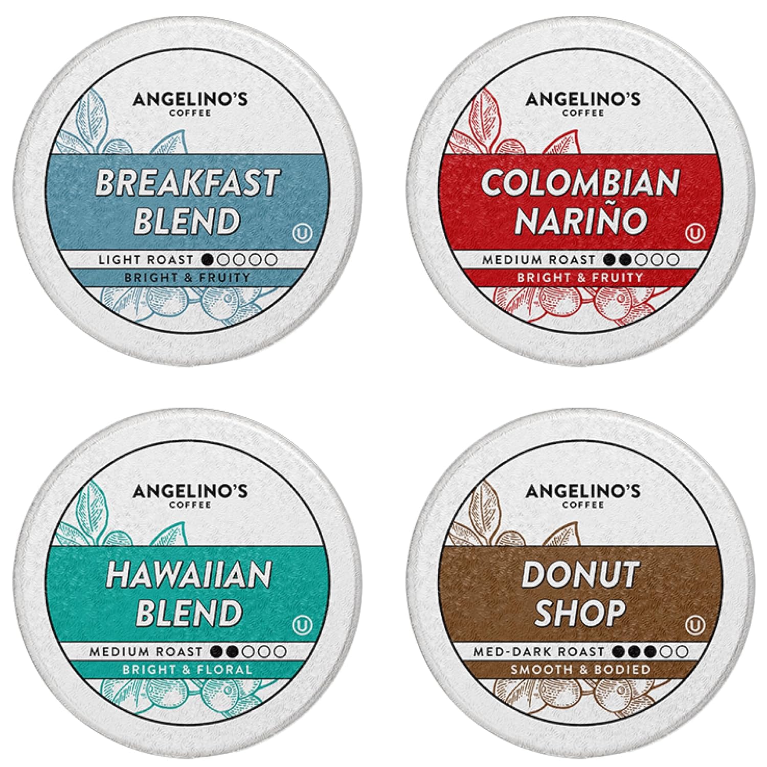 Angelinos Coffee Medium Roast Pods Variety Pack, 96 Count - Breakfast Blend, Colombian, Hawaiian, Donut Shop, for Keurig K-Cup