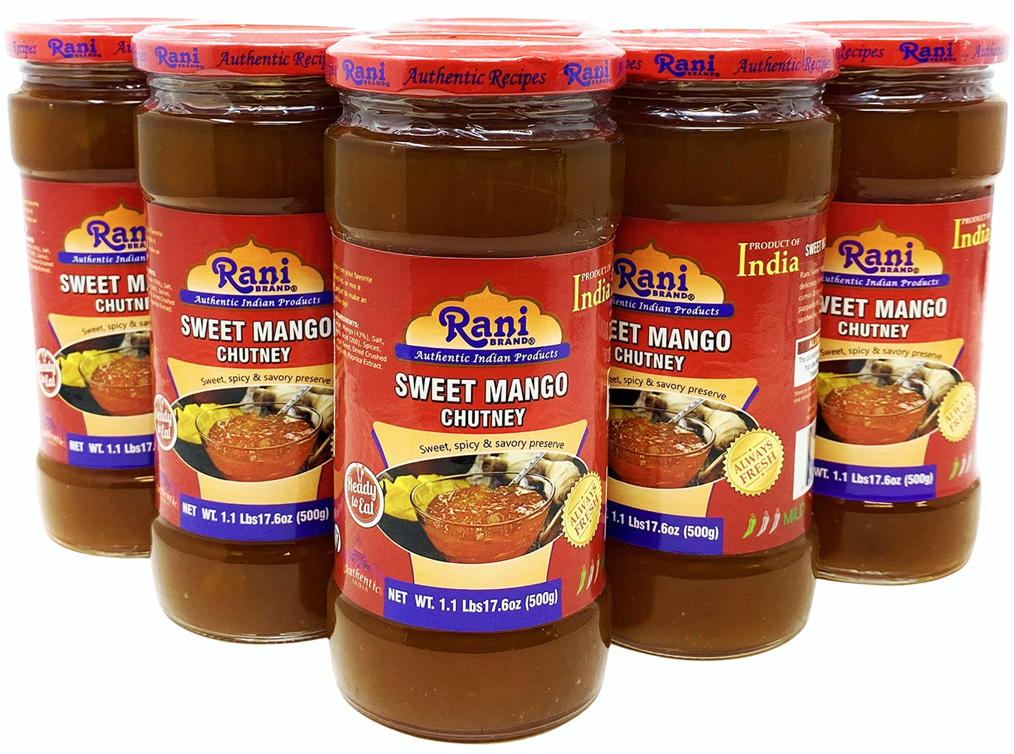 Rani Sweet Mango Chutney (Indian Preserve) 17.6oz (500g) 1.1lbs Glass Jar, Ready to eat, Vegan, Pack of 5+1 ~ Gluten Free, All N