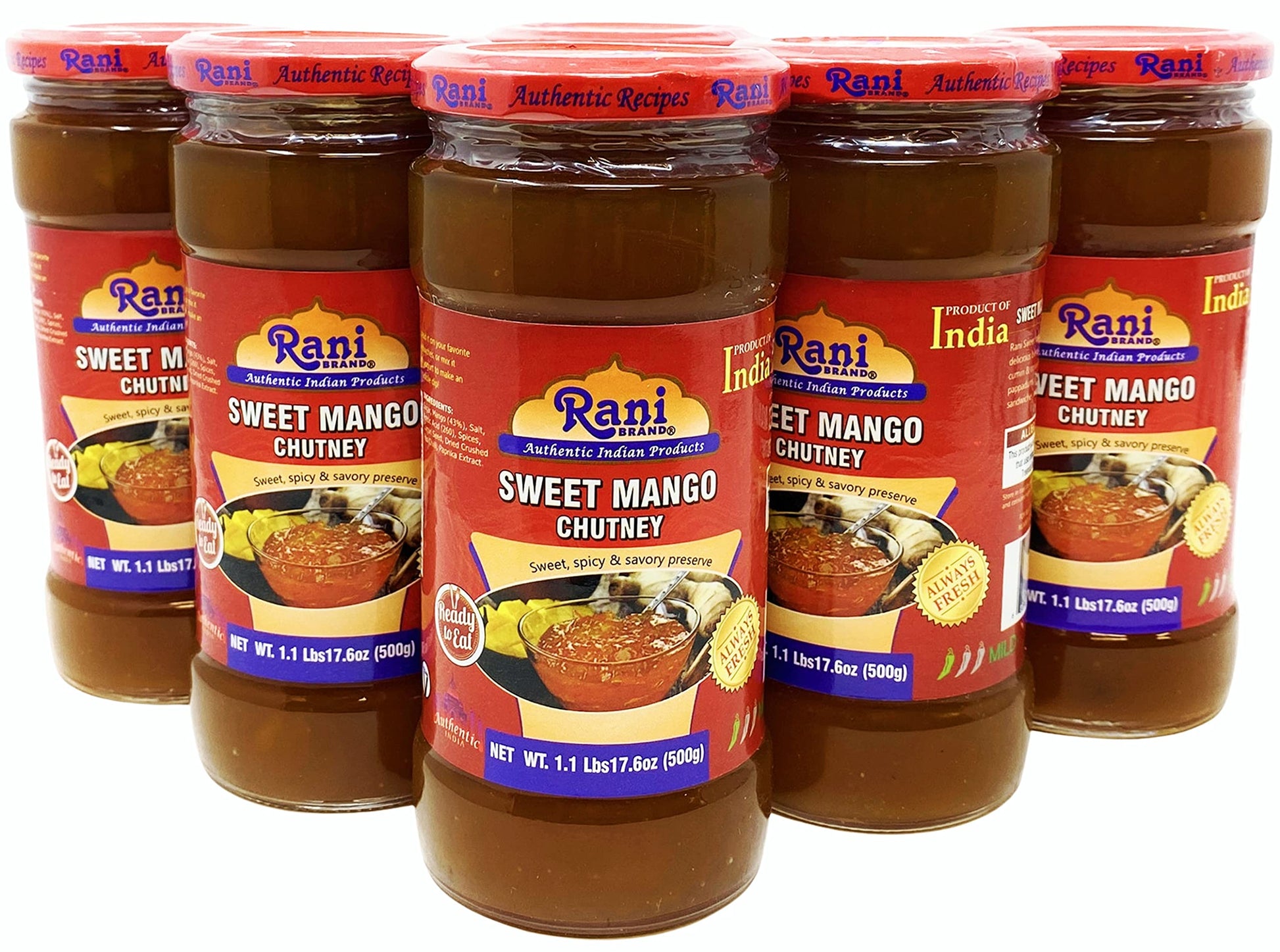 Rani Sweet Mango Chutney (Indian Preserve) 17.6oz (500g) 1.1lbs Glass Jar, Ready to eat, Vegan, Pack of 5+1 ~ Gluten Free, All N