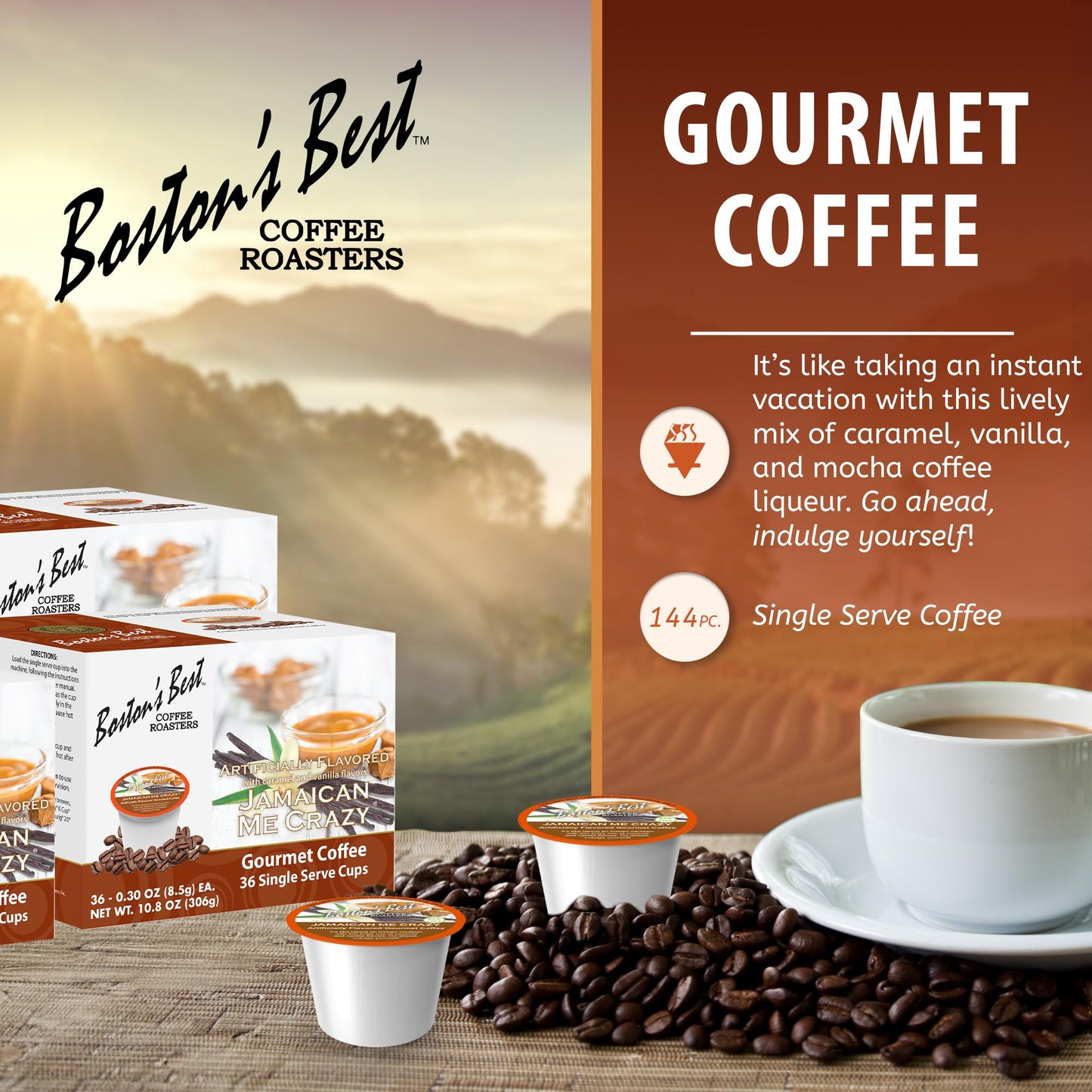 Bostons Best Jamaican Me Crazy Flavored Coffee, Gourmet Compatible with Keurig, 144 Single Serve Cups