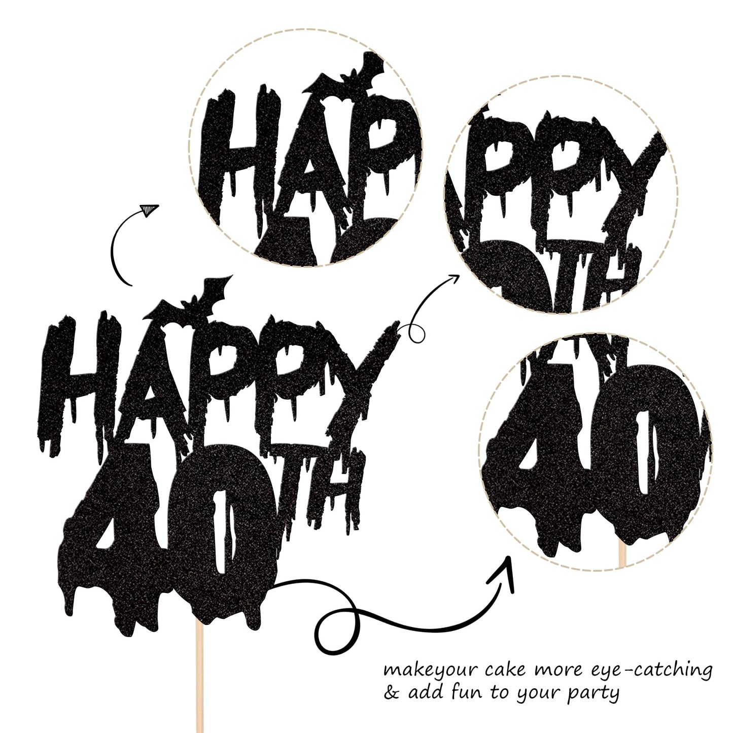 1 Pcs Halloween Theme Happy 40Th Birthday Cake Topper Glitter Cheers To 40 Years Bat Halloween Cake Pick For Halloween Happy 40T