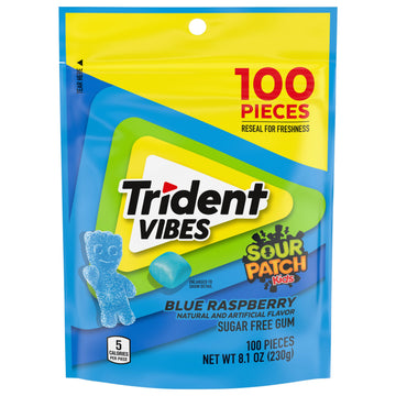 Trident Vibes Sour Patch Kids Blue Raspberry Sugar Free Chewing Gum, Holiday Christmas Stocking Stuffers For Adults & Kids, Rese
