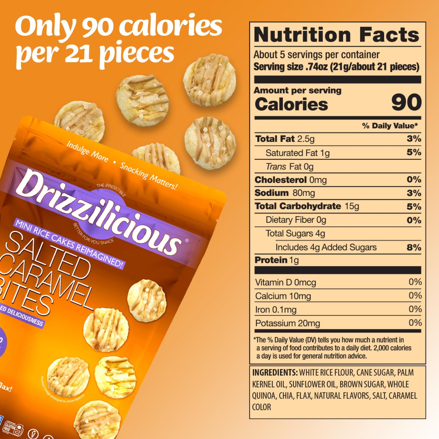 Drizzilicious Mini Rice Cakes Salted Caramel - Rice Crisps, Healthy Snack For Adults & Kids, Flavored Rice Cakes, Vegan, Gluten