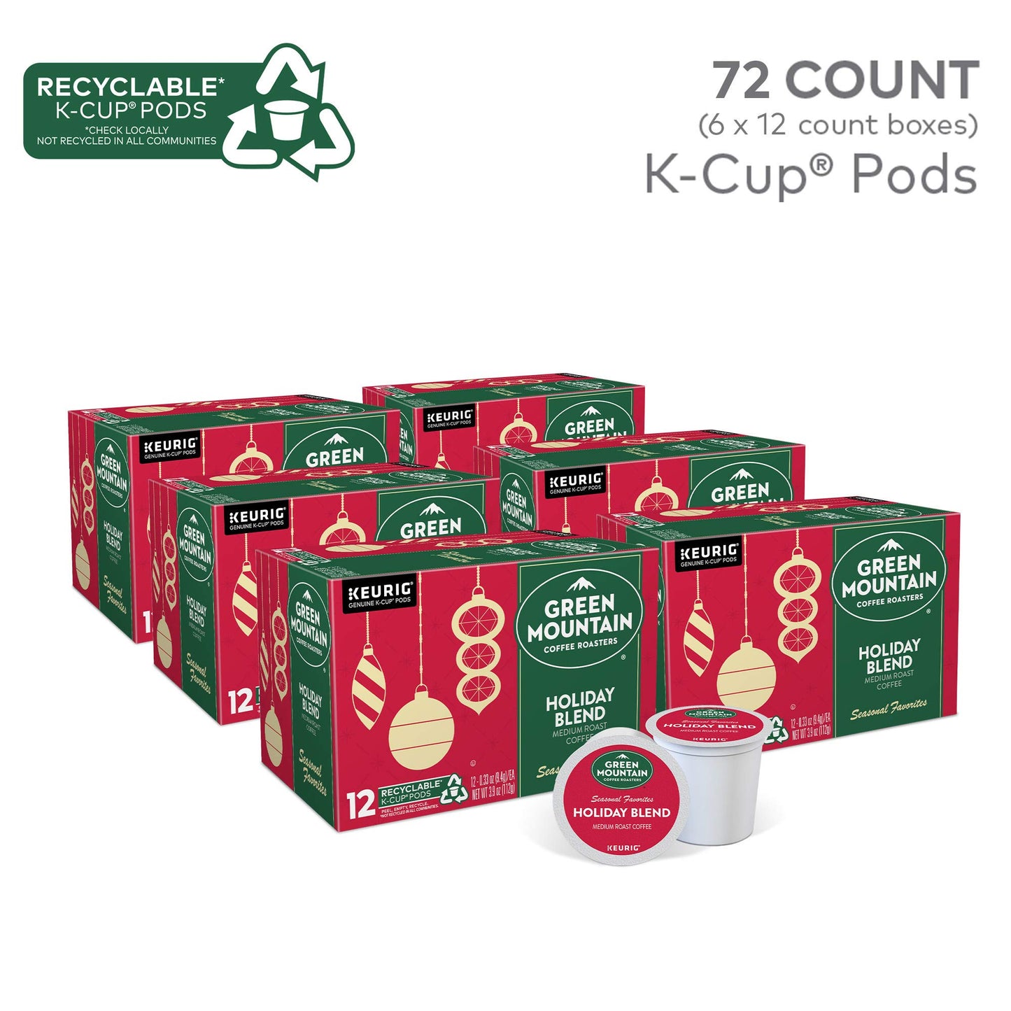 Green Mountain Coffee Roasters Holiday Blend, Keurig Single Serve K-Cup Pods, 72 Count (6 Packs of 12)