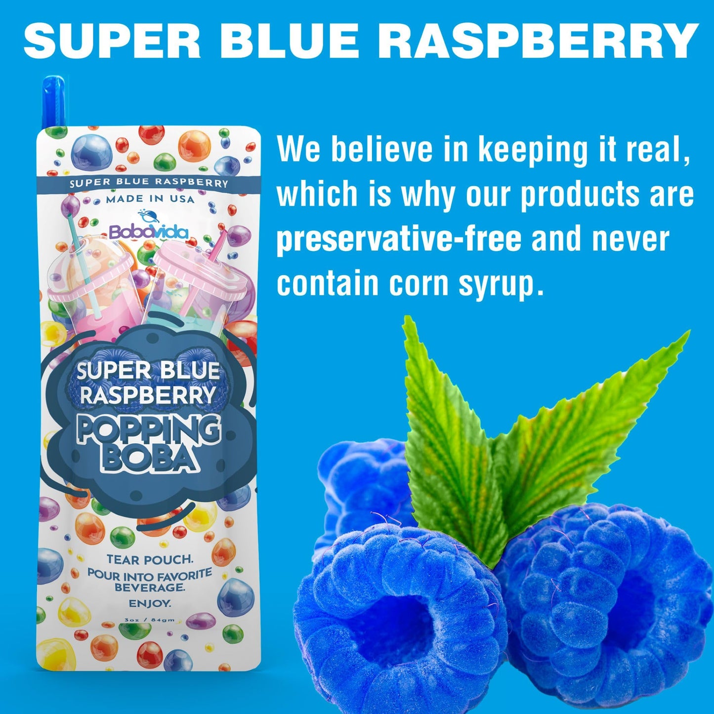 BOBAVIDA Popping Boba - Super Blue Raspberry Flavor - 5 Packets with Straws for Drinks, Desserts & Toppings
