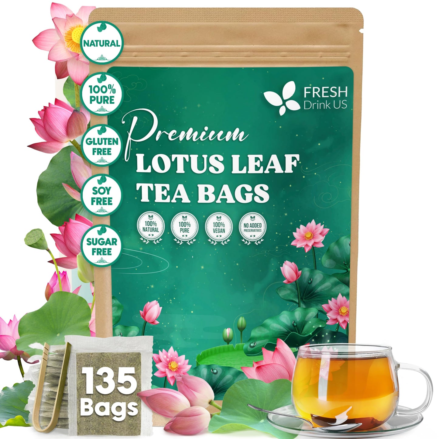 FRESHDRINKUS Lotus Leaf Tea Bags, 100% Natural, 135 Count, Eco-Conscious, No Sugar, No Caffeine, Vegan