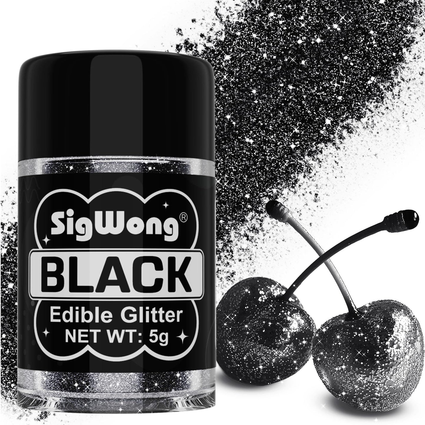 SigWong Black Edible Glitter - 5g Food Grade Shimmering Dust for Cakes, Chocolates, Cupcakes, Vegan