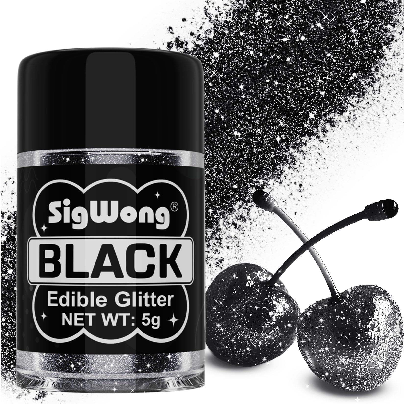 SigWong Black Edible Glitter - 5g Food Grade Shimmering Dust for Cakes, Chocolates, Cupcakes, Vegan