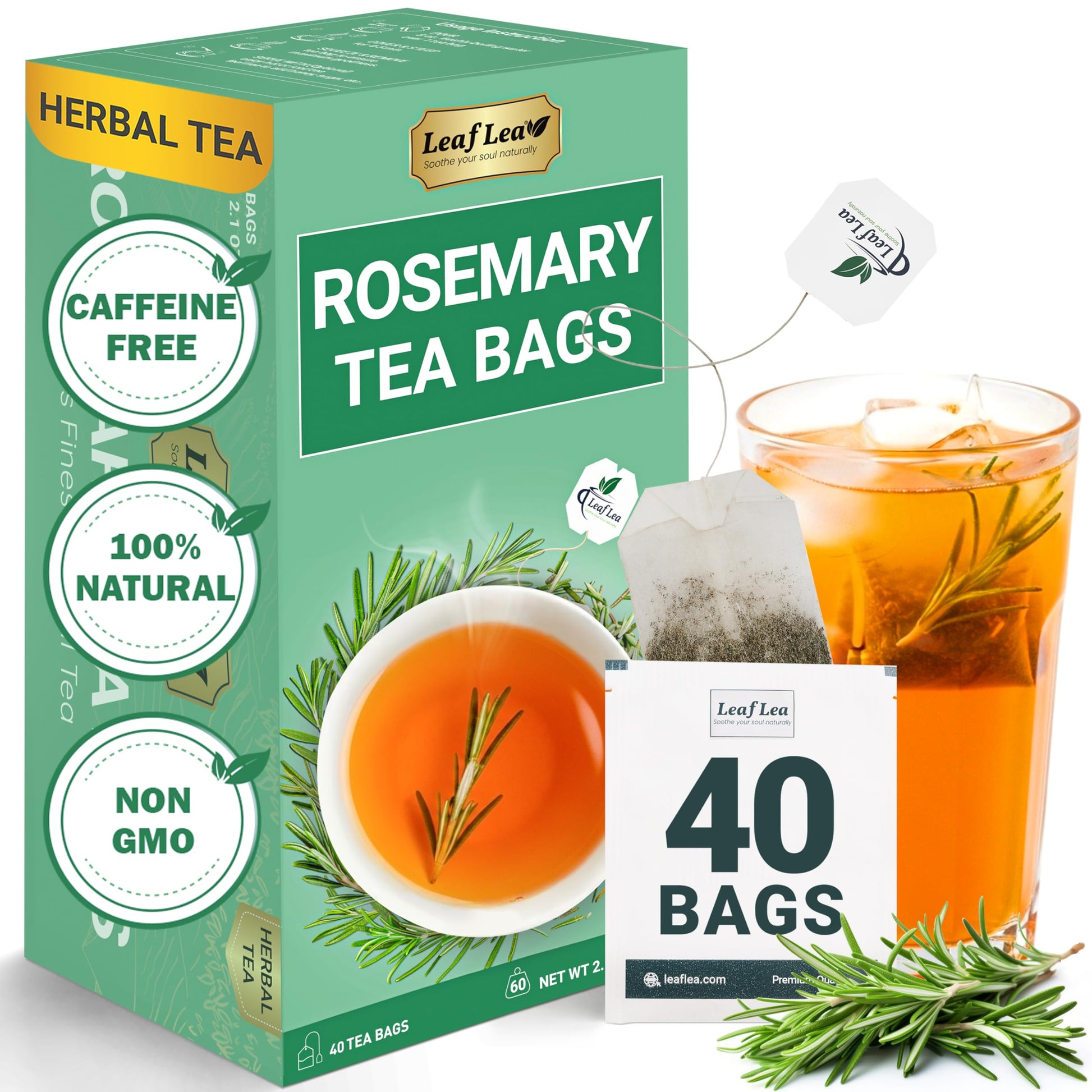 Leaflea 40 Top-Grade Rosemary Tea Bags From 100% Natural Rosemary Leaves  Herbal Tea For Gentle Digestive Comfort  Te De Romero Earthy Taste & Light Aroma  Energy Blend-Free  Sugar-Free  Non-Gmo