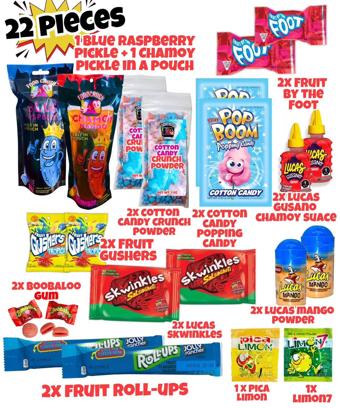 Ashley Dashleys-Chamoy Pickle Kit + Blue Raspberry Pickle Gift Pouch-W/Cotton Candy Crunch Powder, Fruit Roll Ups-Tiktok Trend Items By Foodcrush