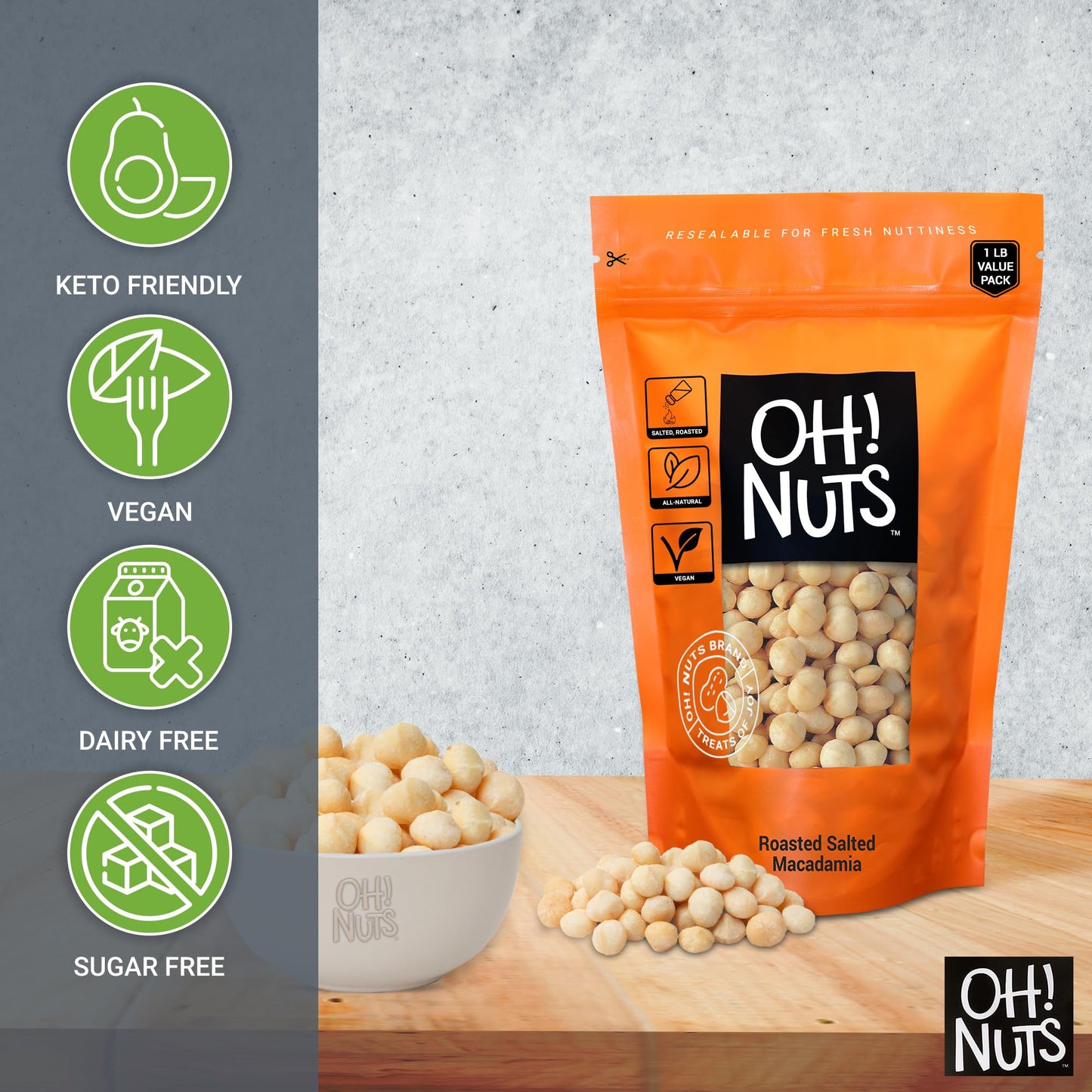 Oh! Nuts Dry Roasted Unsalted Macadamia Nuts, 1 lb - Oven Roasted, No Oil, Freshness-Sealed in New York Zip Bag
