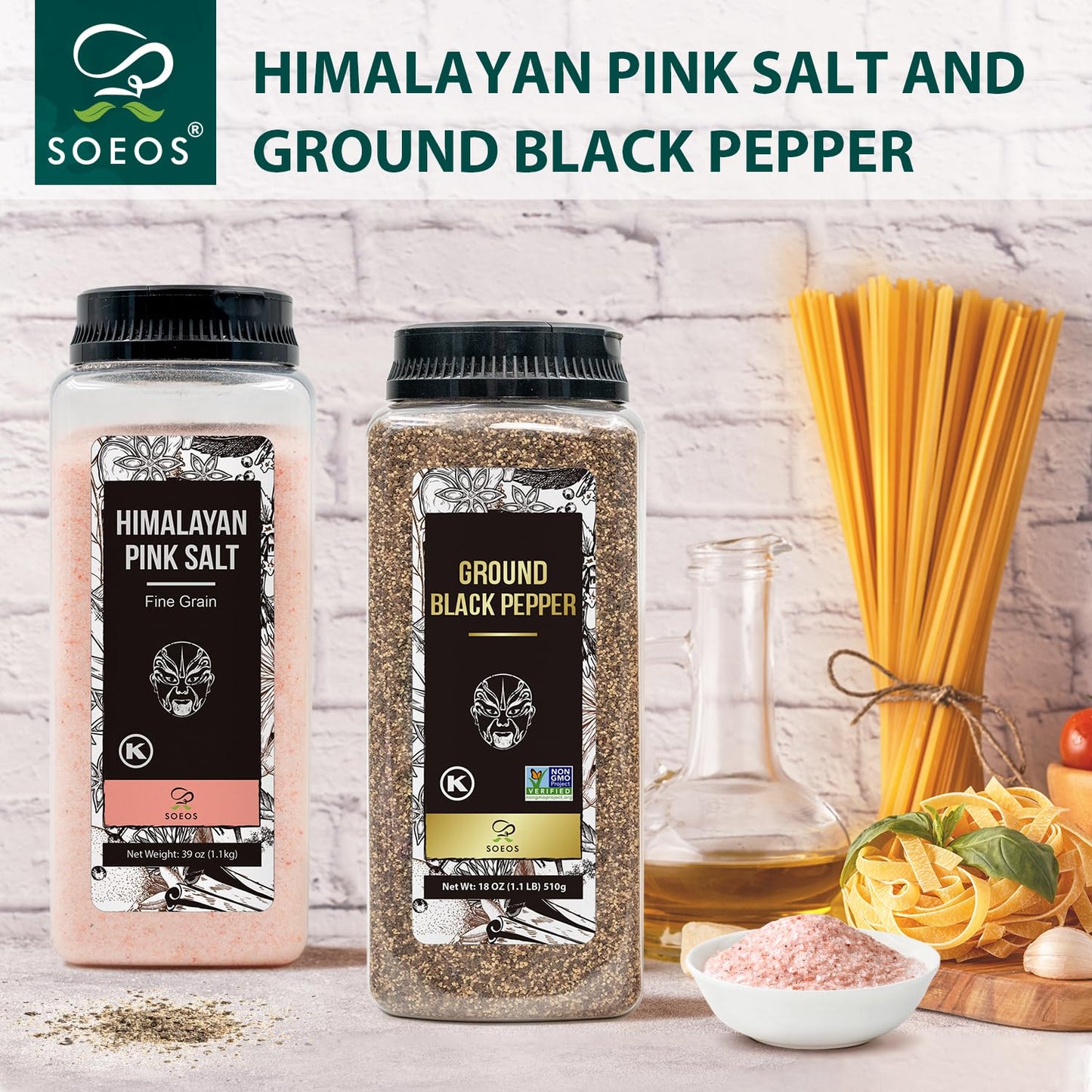Soeos Himalayan Pink Salt Fine 39 oz + Organic Ground Black Pepper 18 oz, Salt and Pepper for Grinder Refill