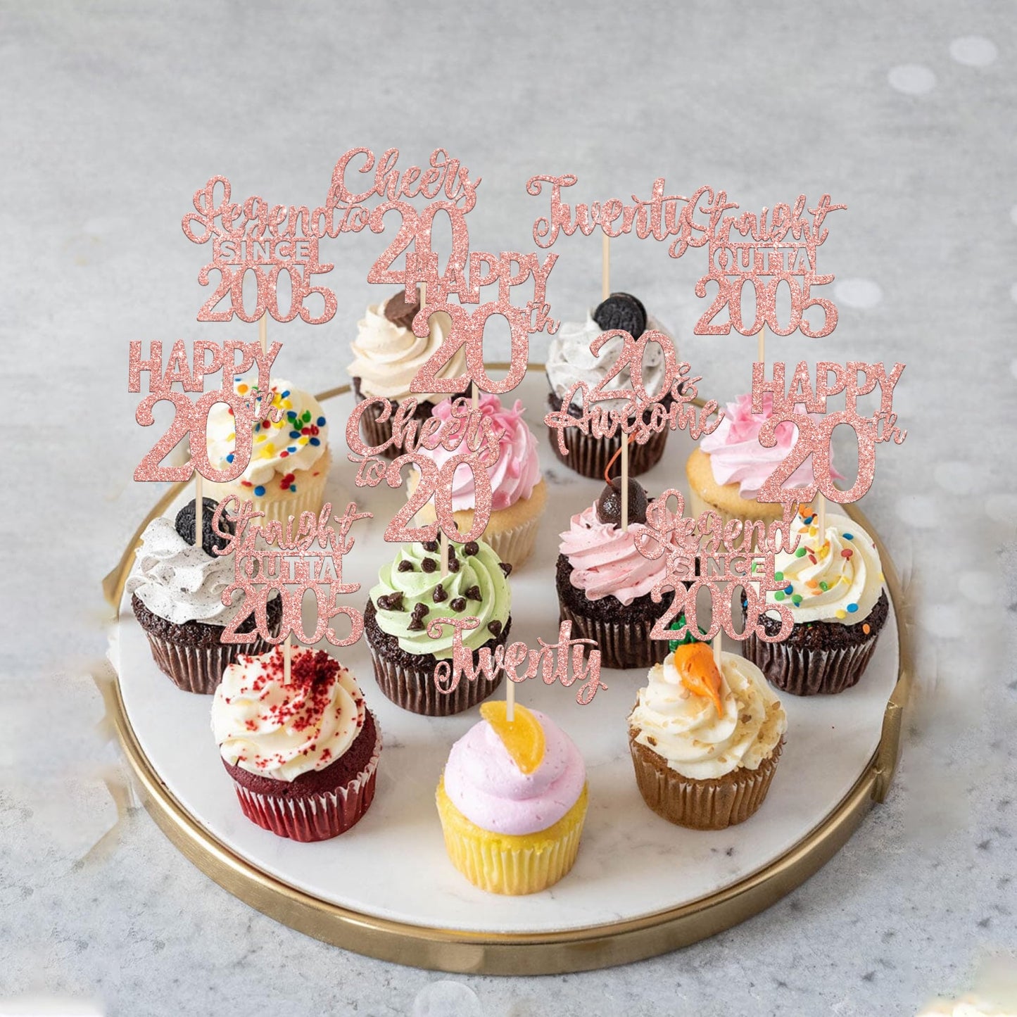 24Pcs Rose Gold Happy 20Th Birthday Cupcake Toppers Twenty Straight Outta 2005 Cupcake Picks Cheers To 20 Lengend Since 2005 Cak
