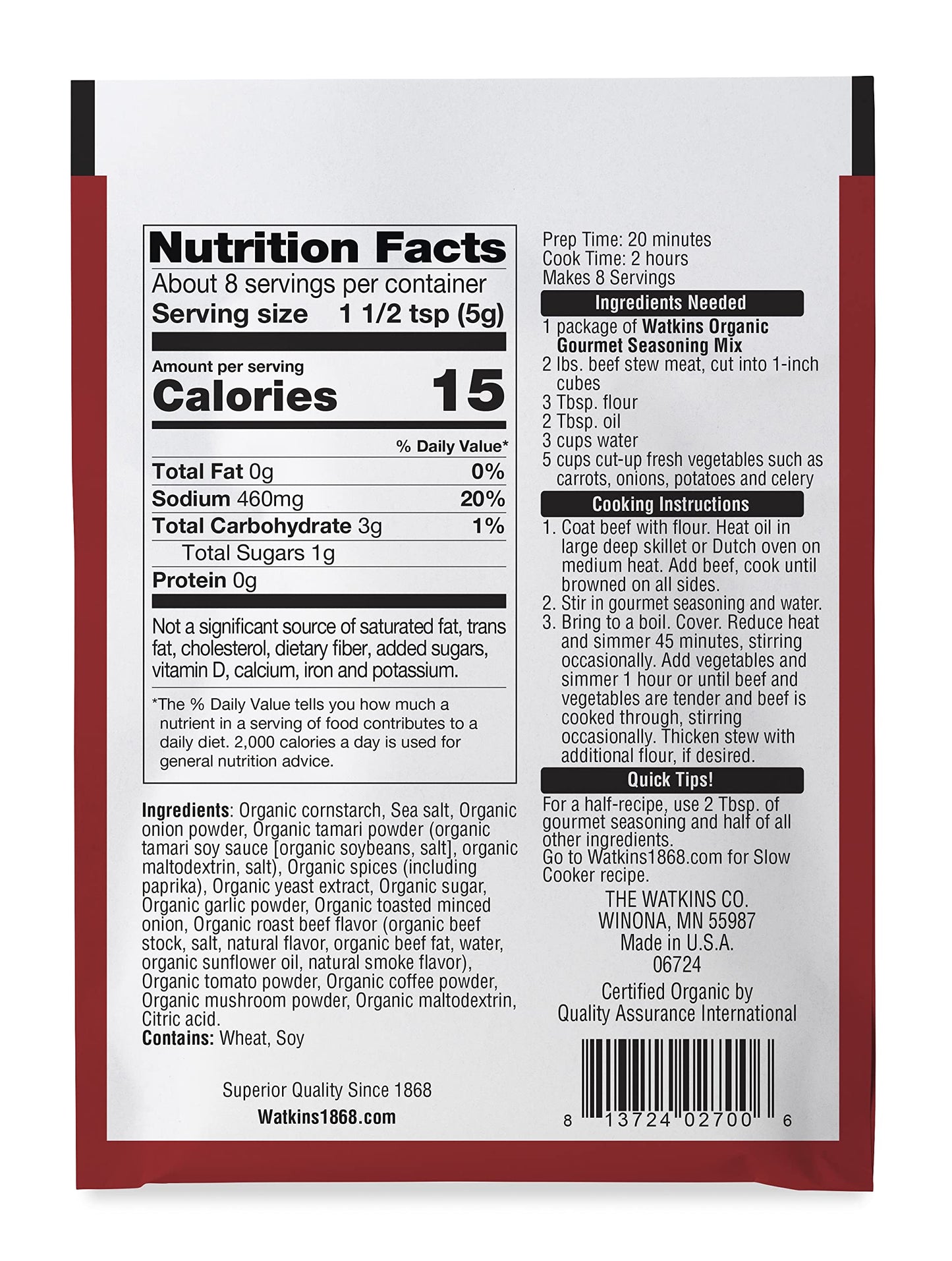 Watkins Organic Gourmet Seasoning Mix, Beef Stew, 1.5 Oz. Pouch, 1 Count (Pack of 4)