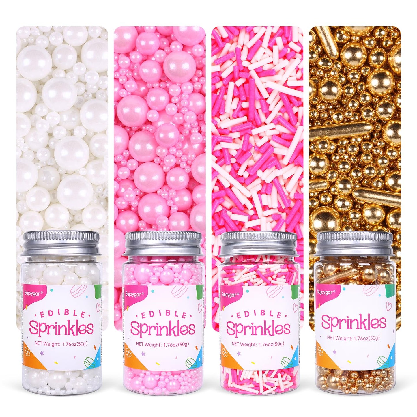 Sprinkles for Cake Decorating, Sujoygar Fancy Sprinkles Set for Cupcake Toppers, White Deluxe Pink Gold Sprinkles Mix for Ice Cr