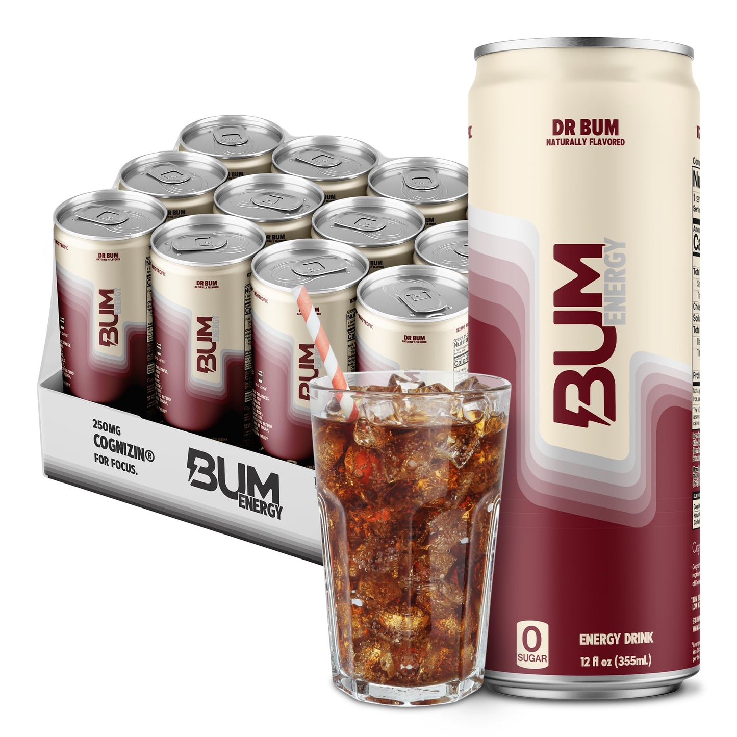 Bum Energy Sugar-Free Energy Drink, Natural Caffeine & Citicoline, Lightly Carbonated, 12 oz, 12-Pack