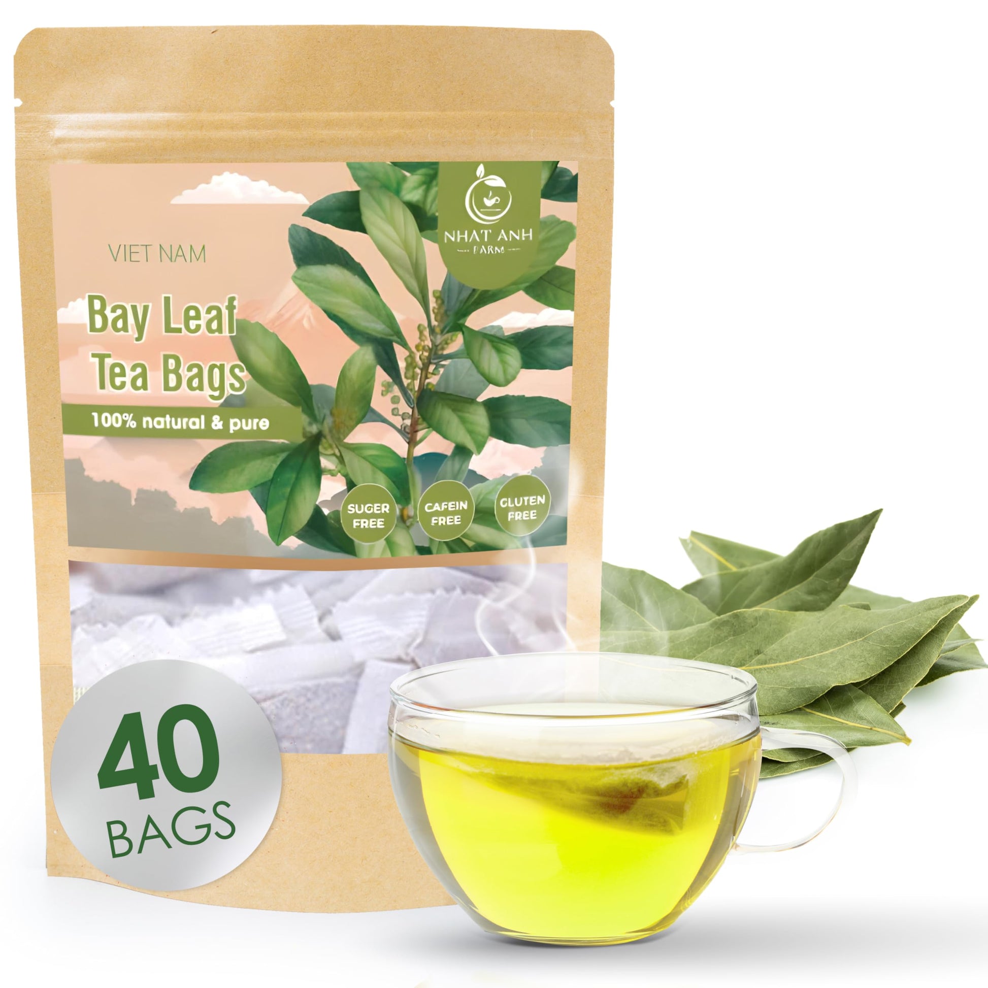 Nhat Anh Farm - Top-Grade Bay Leaf Tea Bags  40 Tea Bags  100% Natural Dried Bay Leaf  Naturally Sweet Herbal Tea  Sugar-Free  Energy Blend-Free  No Additives.