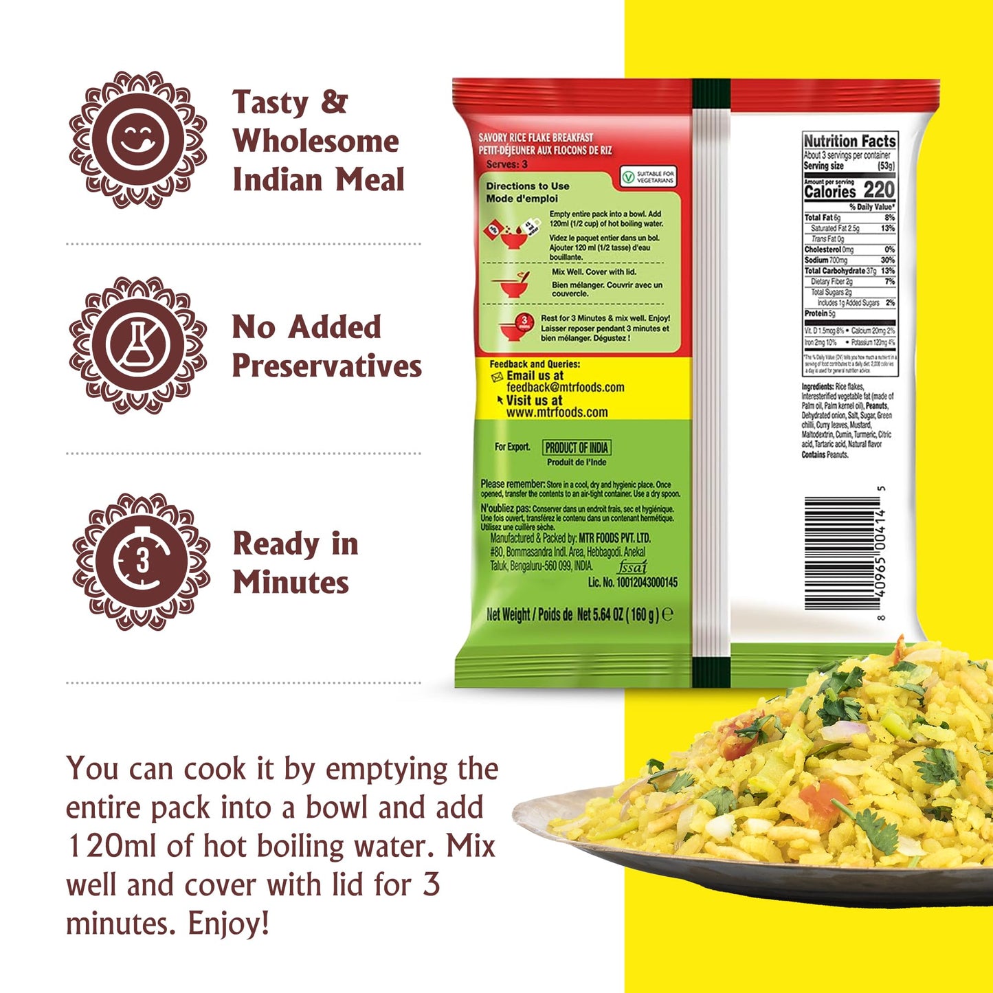 MTR 3minute Poha - Ready-to-Cook Mix - Authentic Indian Food in Just 3 Minutes - 100% Vegetarian - No Added Preservatives - Just