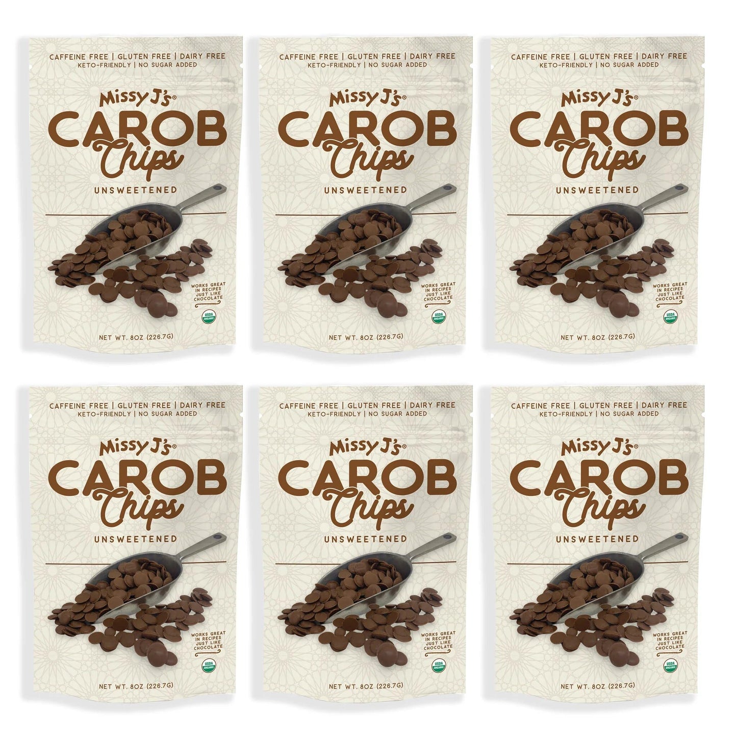 Missy Js Organic Unsweetened Carob Chips, Vegan, Gluten-Free, 8 oz, Pack of 6, Chocolate