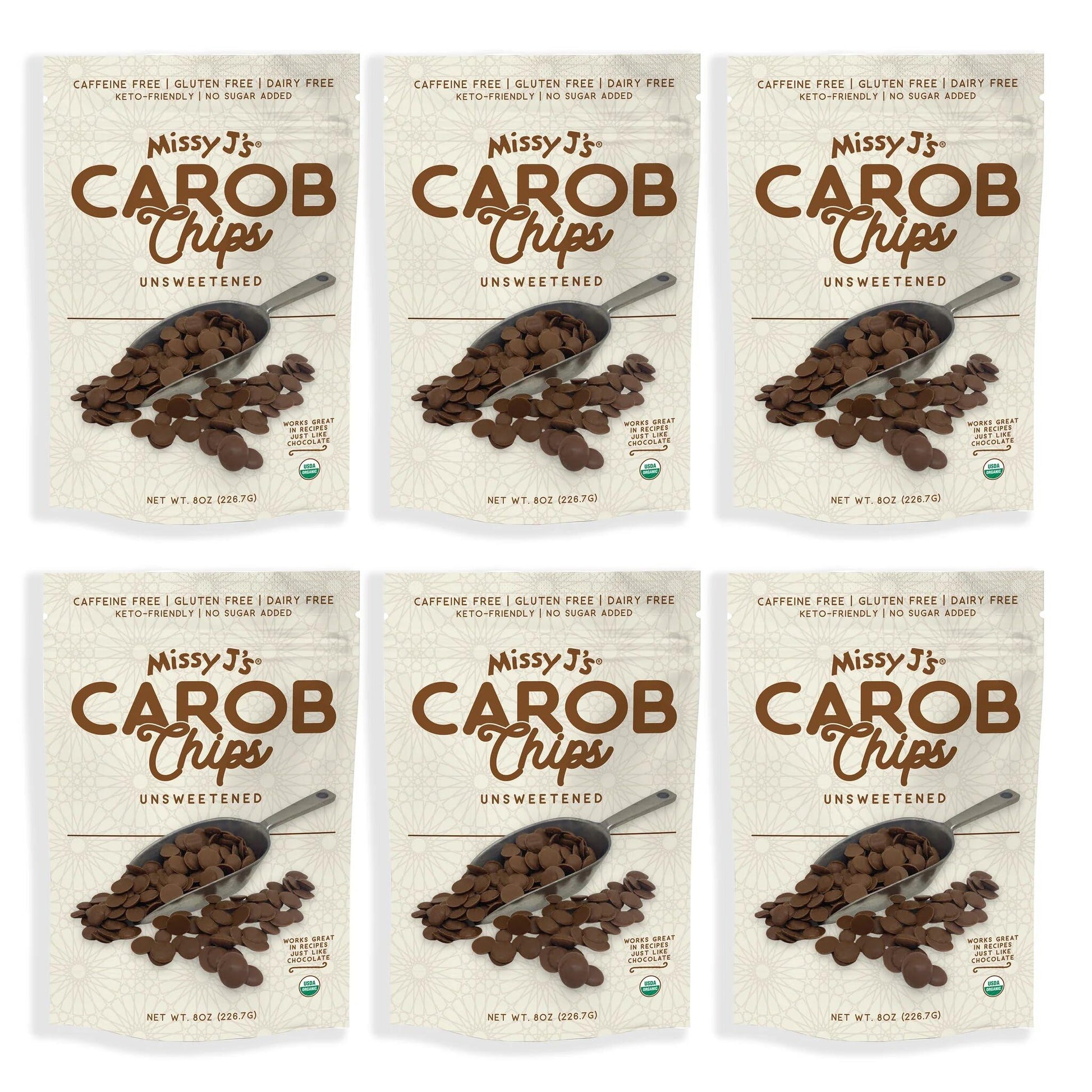 Missy Js Organic Unsweetened Carob Chips, Vegan, Gluten-Free, 8 oz, Pack of 6, Chocolate