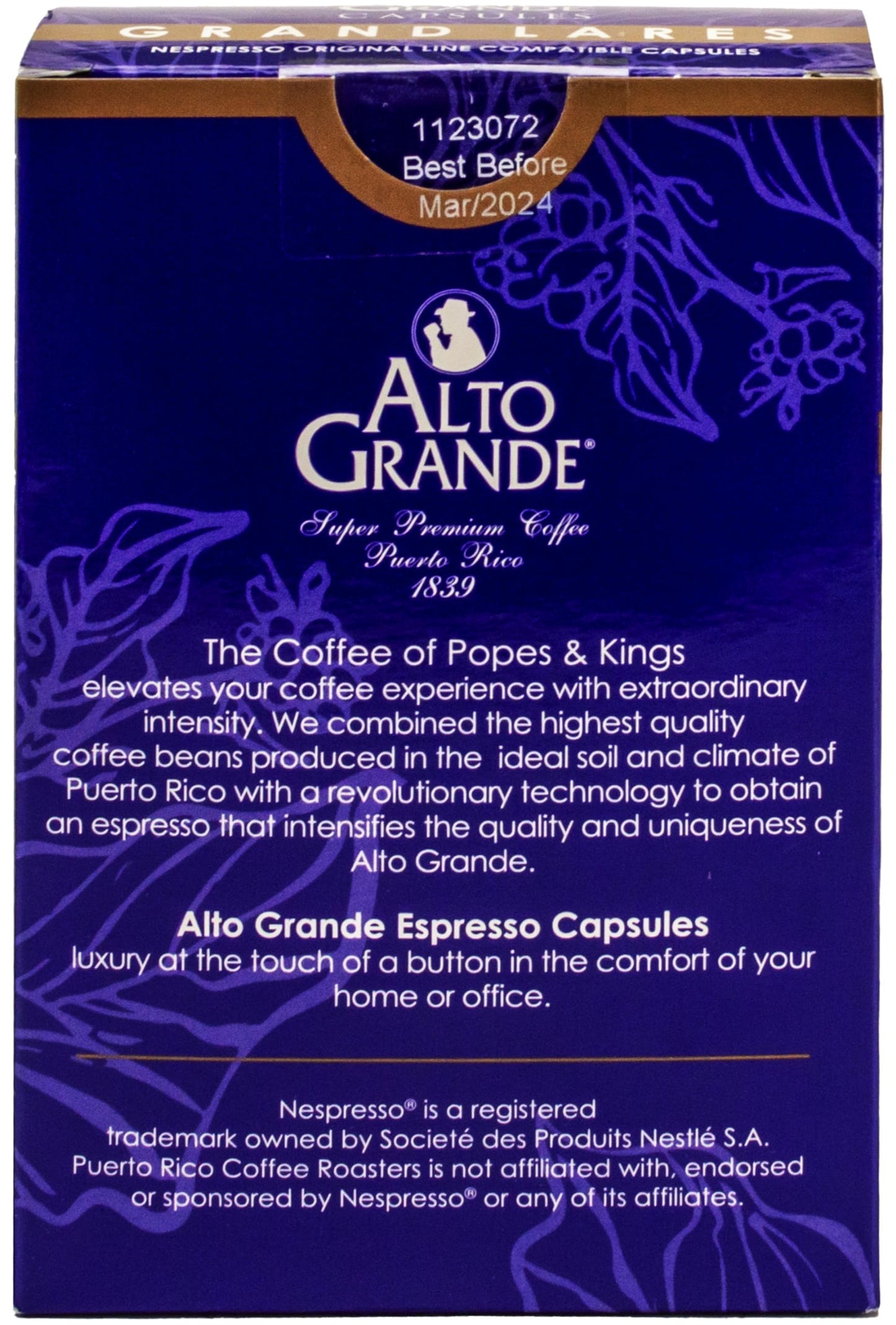 Alto Grande Super Premium Coffee compact pieces for Nespresso, 100% Arabica, 72 Count