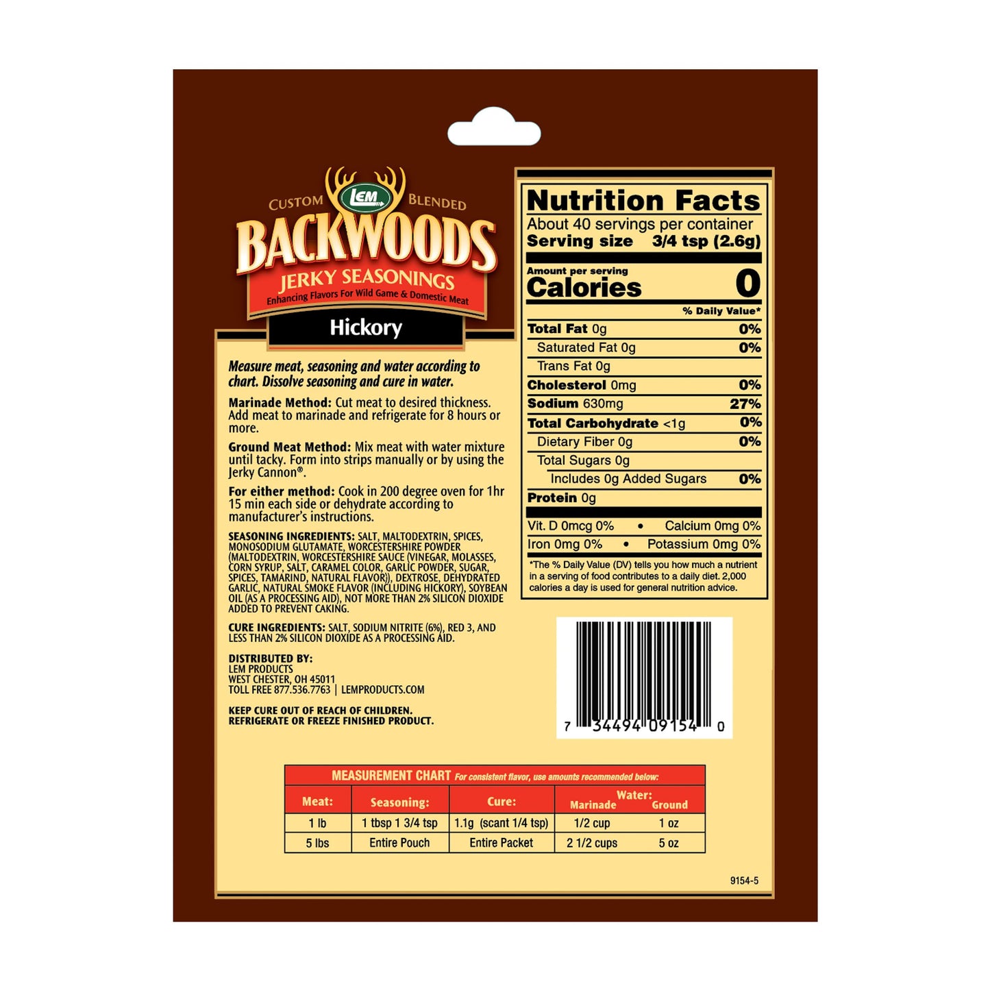 LEM Backwoods Hickory Seasoning with Cure Packet, 18.24 Fl Oz, Model 9622