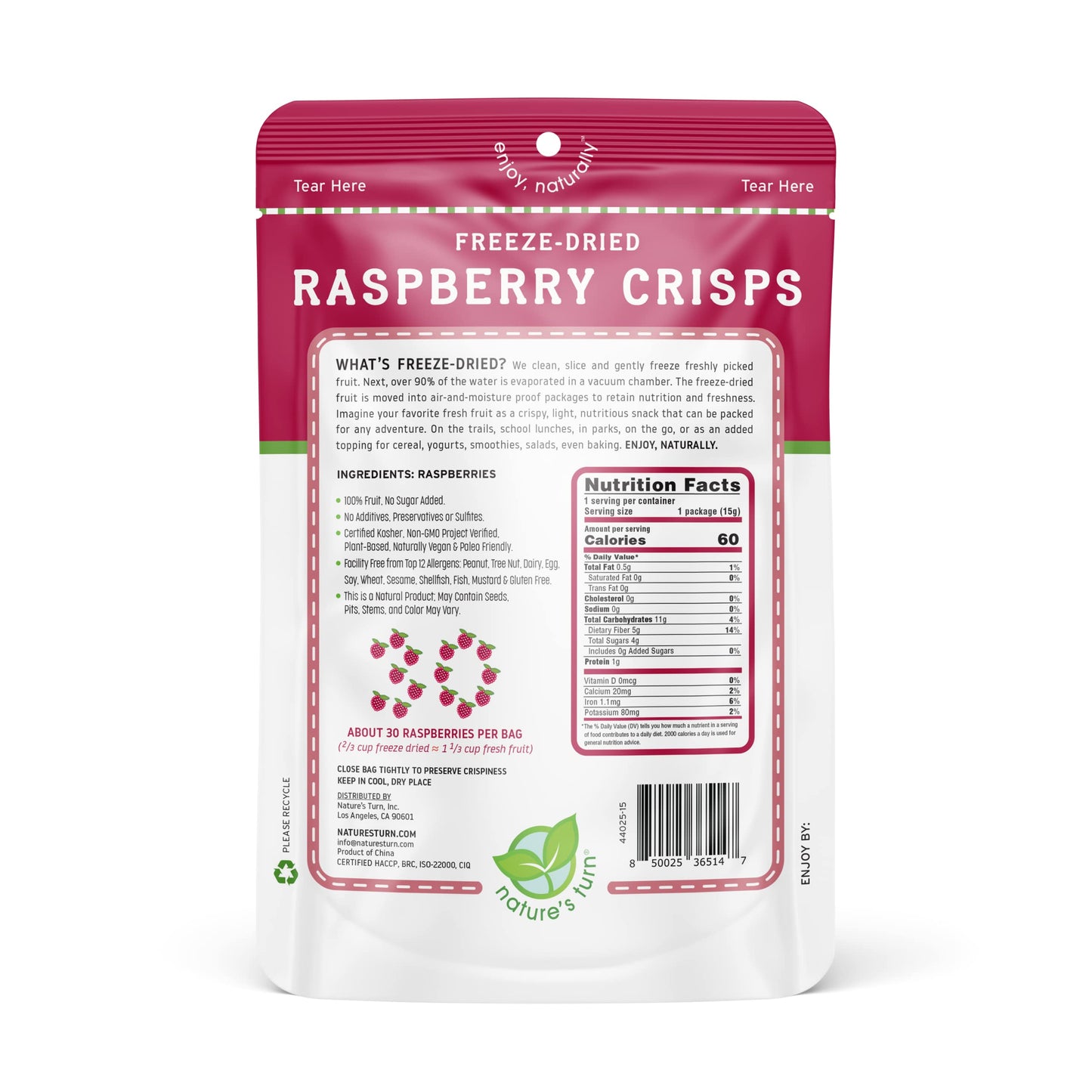 Natures Turn Freeze-Dried Fruit Snacks, Raspberry Crisps, Pack Of 6 (0.53 Oz Each)