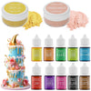 Luster Dust 2 Color & Food Dye Coloring 10 Color Set, Edible Food Coloring Liquid and Shimmer Cake Dust Metallic Food Coloring P