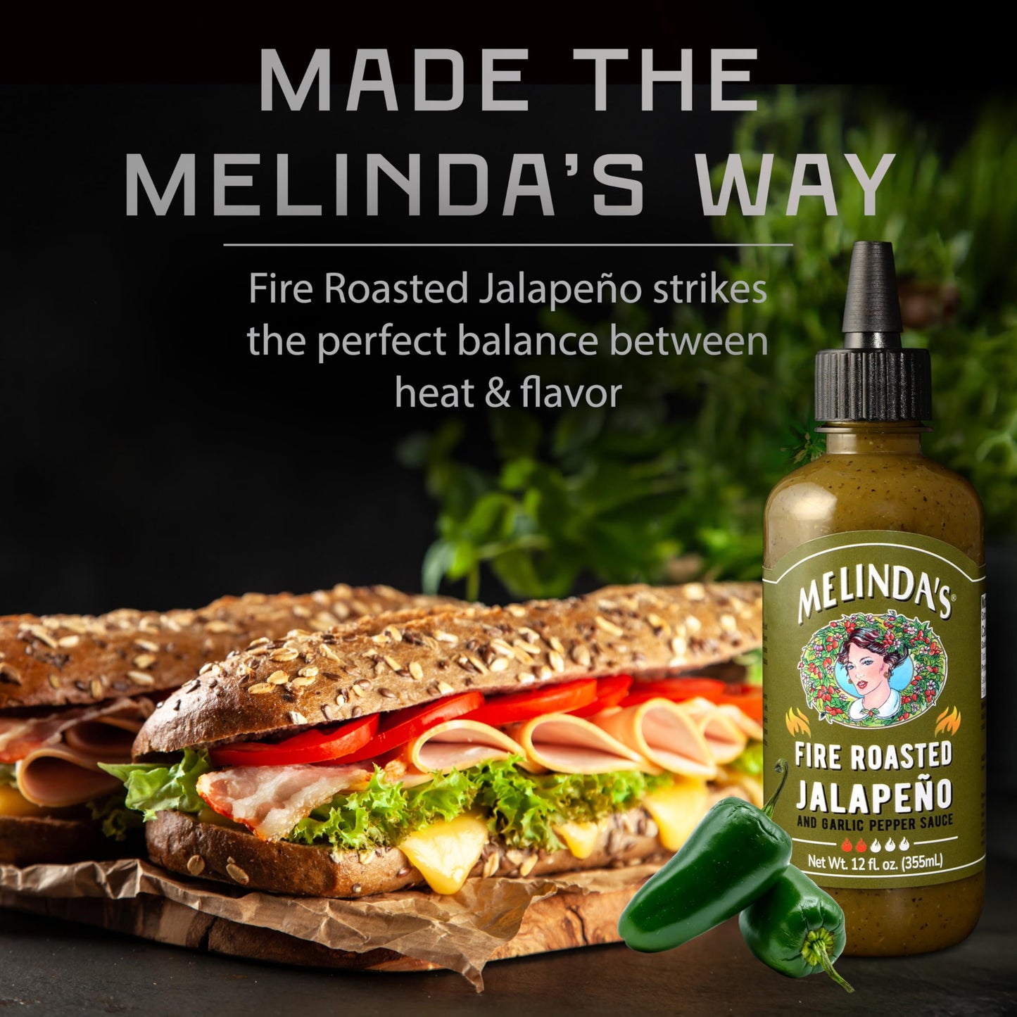 Melindas Fire Roasted Jalapeo Hot Sauce with Aromatic Garlic - Gourmet Green Pepper Sauce Perfect for Grilled Meats & Veggies  Tacos  Eggs & More - Mild Heat - Keto  Vegan  Non-GMO - 12oz