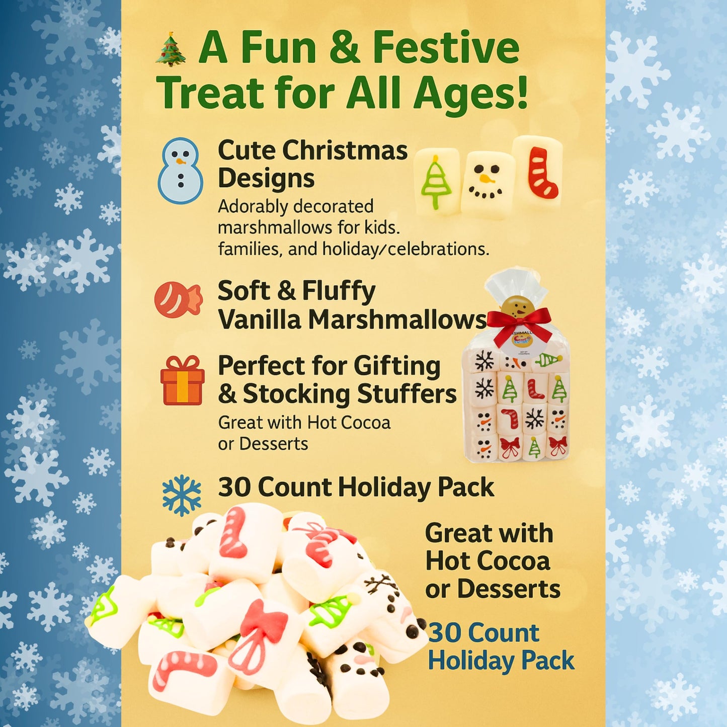 30 Count Christmas Marshmallow Gift Pack, Soft & Fluffy Vanilla Marshmallows, Festive Holiday  , Cute Snowman Packaging, Perfect For Gifting, Hot Chocolate, & Stocking Stuffers, 4.5 Oz 30 Count