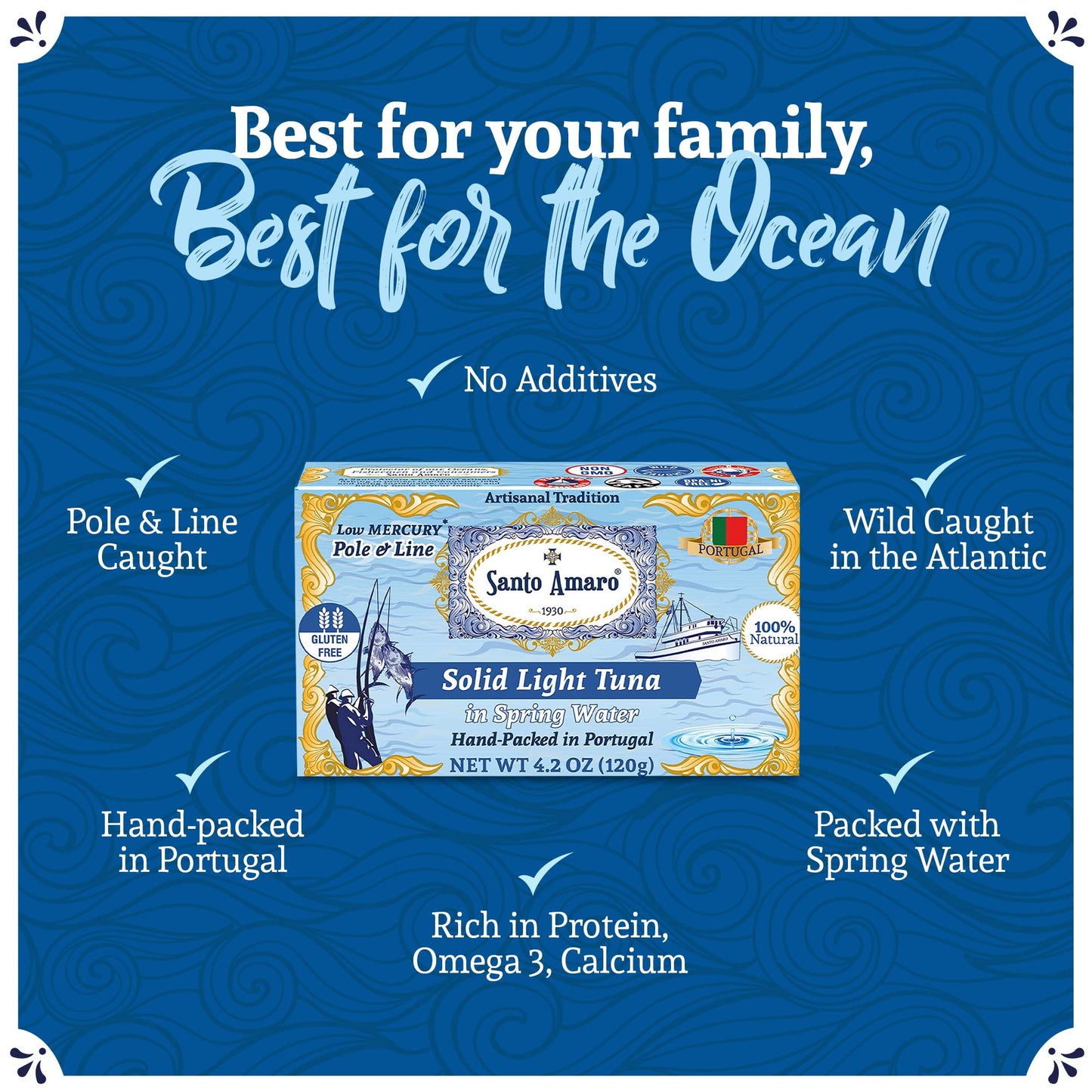 Santo Amaro Wild Caught Tuna in Spring Water, 4.2 oz (Pack of 6), 24g Protein, Low Mercury, Hand-Packed