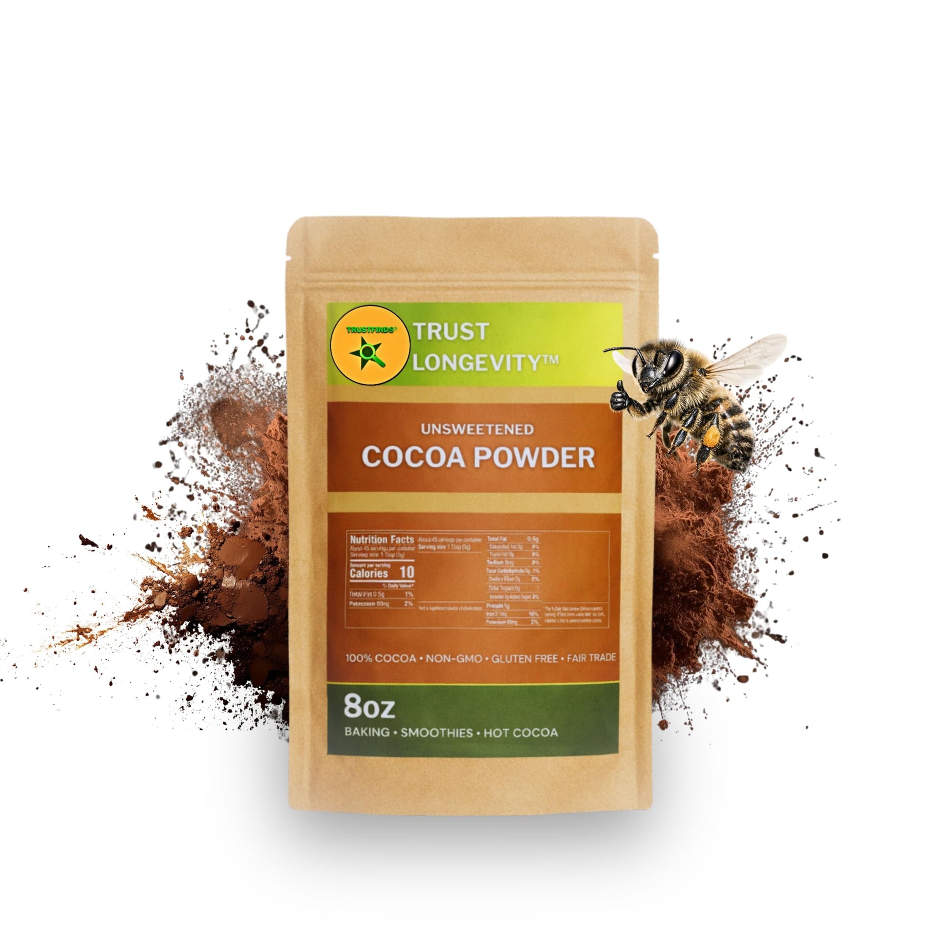 Trust Longevity Unsweetened Cocoa Powder, 100% Pure, Non-GMO, Gluten Free, Fair Trade, 8 oz, for Baking, Smoothies and Hot Cocoa