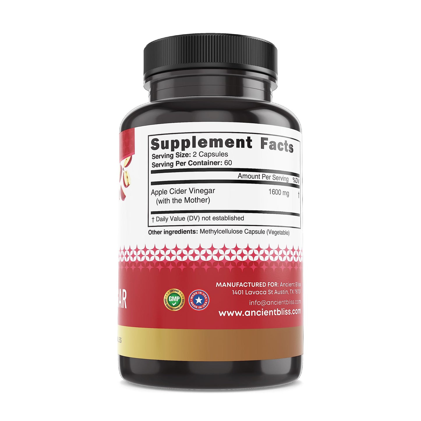 Ancient Bliss Apple Cider Vinegar Organic Capsules with The Mother  Helps Improve Digestion  Unfiltered Vinegar Capsules  1600MG (120 Capsules)