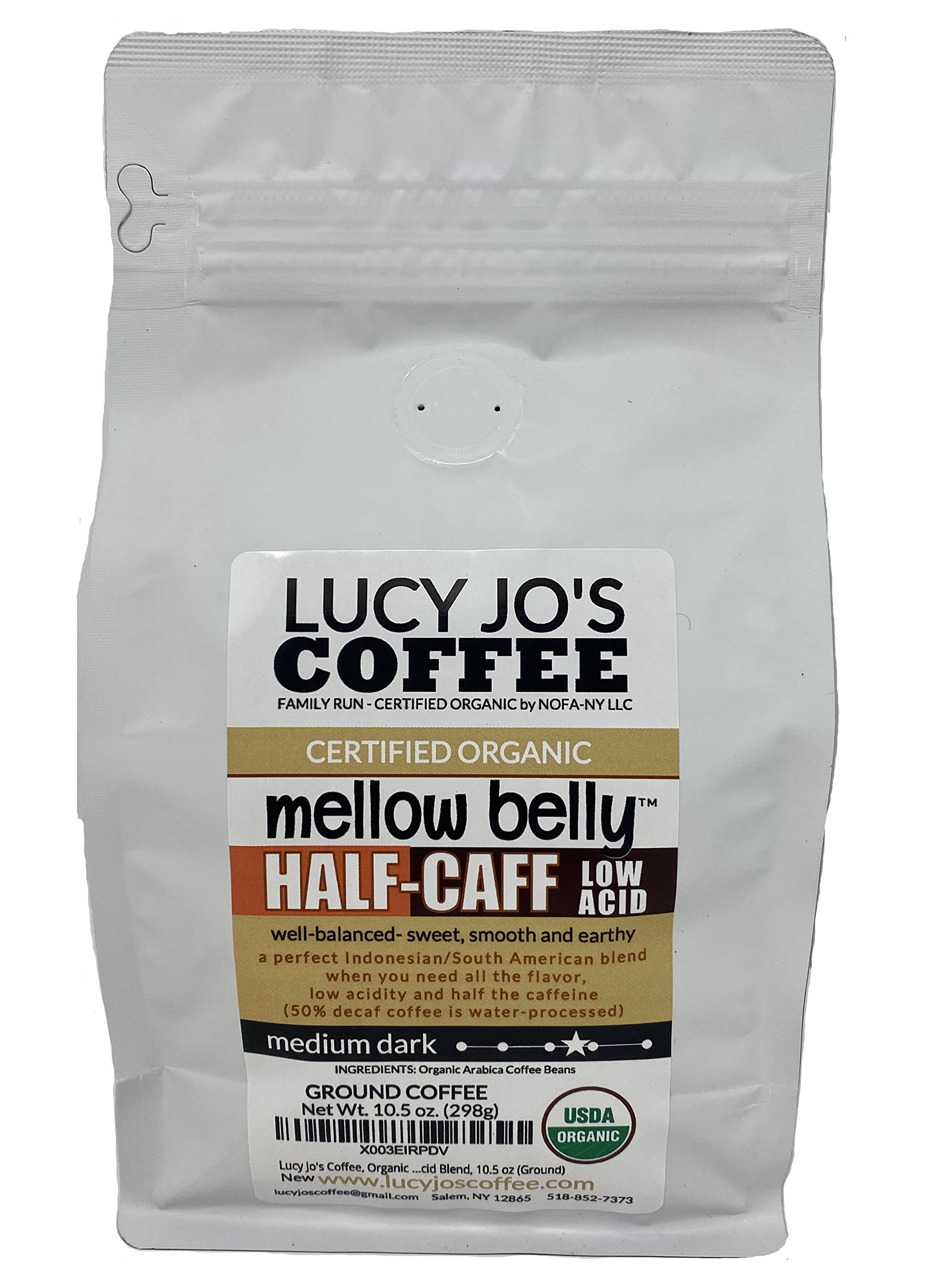 Lucy Jos Coffee, Organic Mellow Belly Half-Caff Low Acid Blend, Medium Dark, 10.5 Oz (Ground)