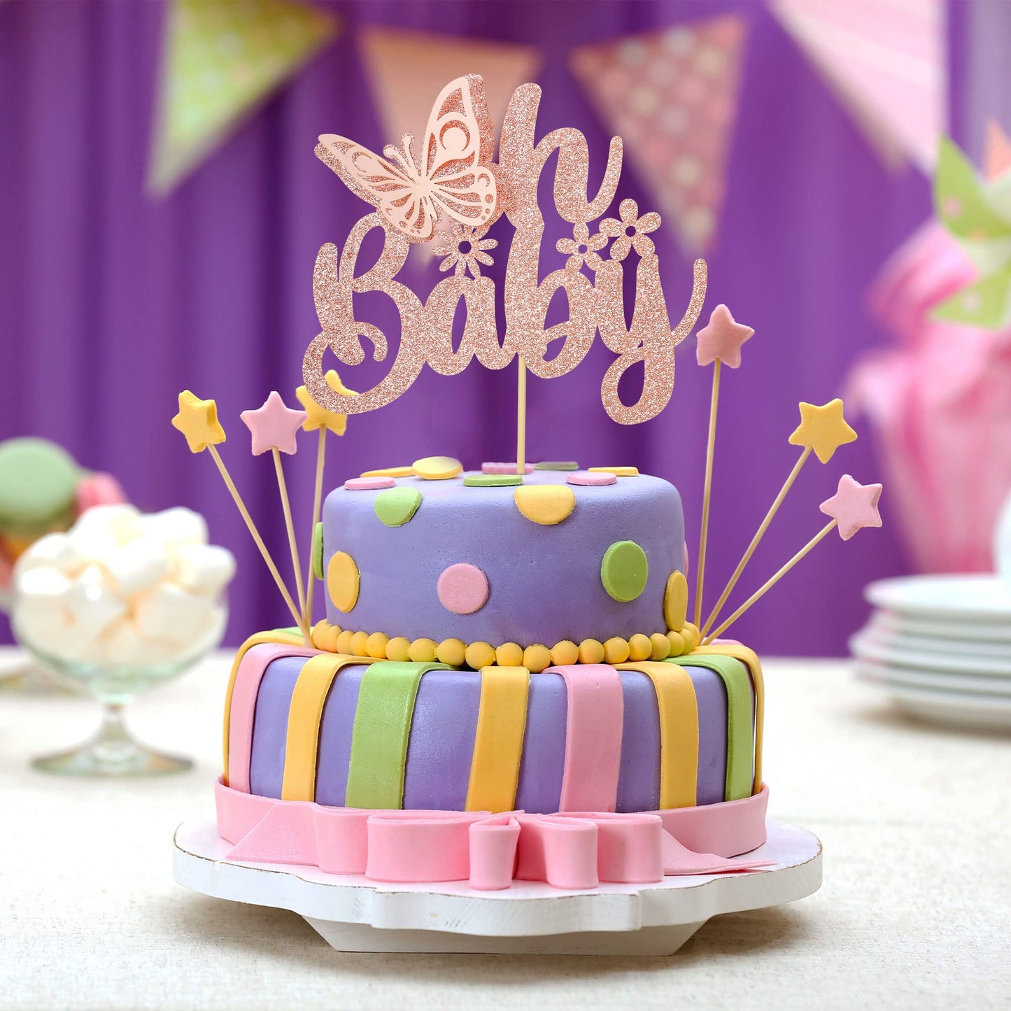 Gyufise 1Pcs Butterfly Oh Baby Cake Topper Rose Gold Glitter Baby Shower Butterfly Cake Pick Decorations For Gender Reveal Baby