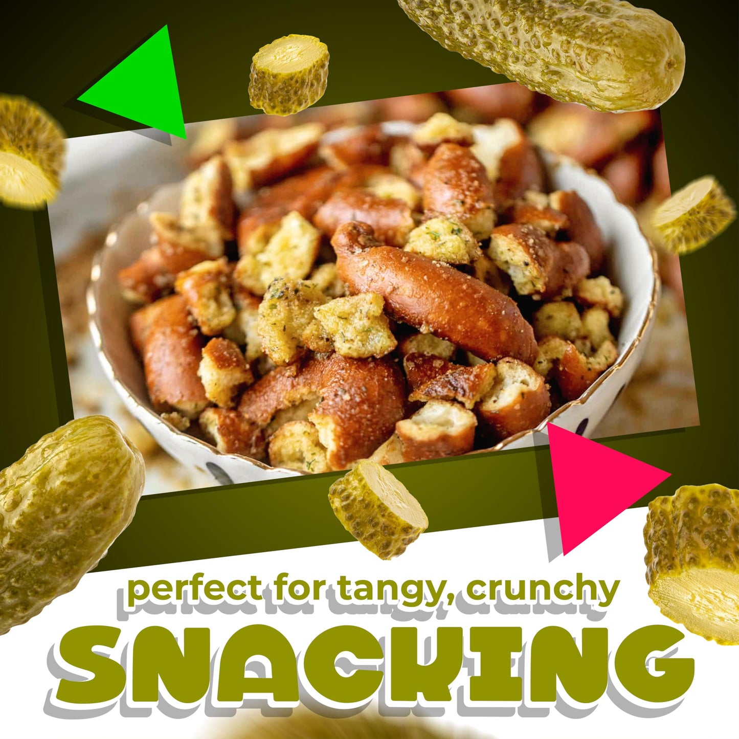 LAETAFOOD Spicy Dill Pickle Pretzel Pieces - Crunchy Snack, 1 Pound Bag, Bold Flavor, Dye Free, No Artificial Flavors