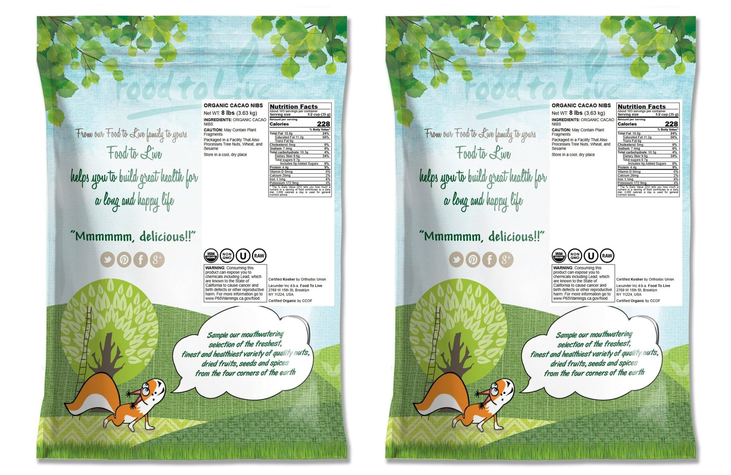 Food to Live Organic Cacao Nibs, Unsweetened, Non-GMO, Raw, Vegan, 16 Pounds