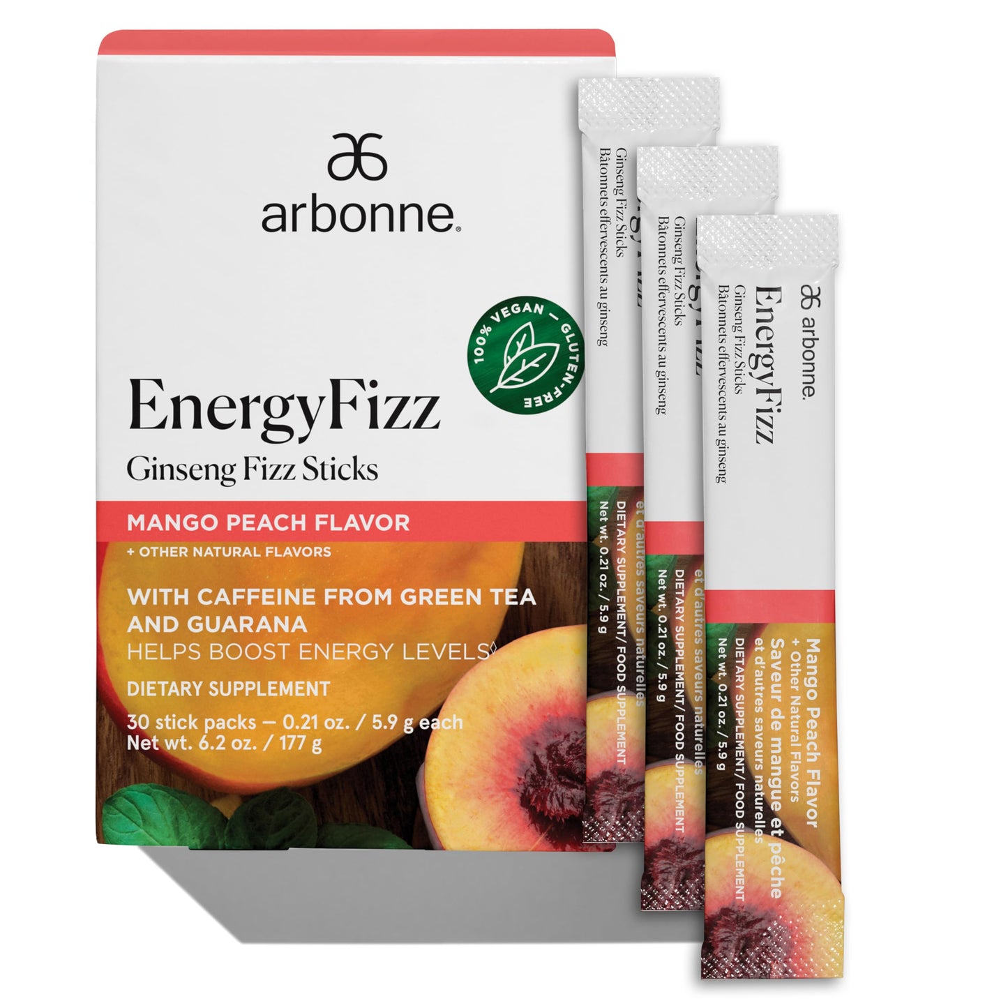 Arbonne Ginseng Energy Fizz Sticks - Peach Mango, Caffeine from Guarana & Green Tea, Energy Boost, Convenient Powder Format